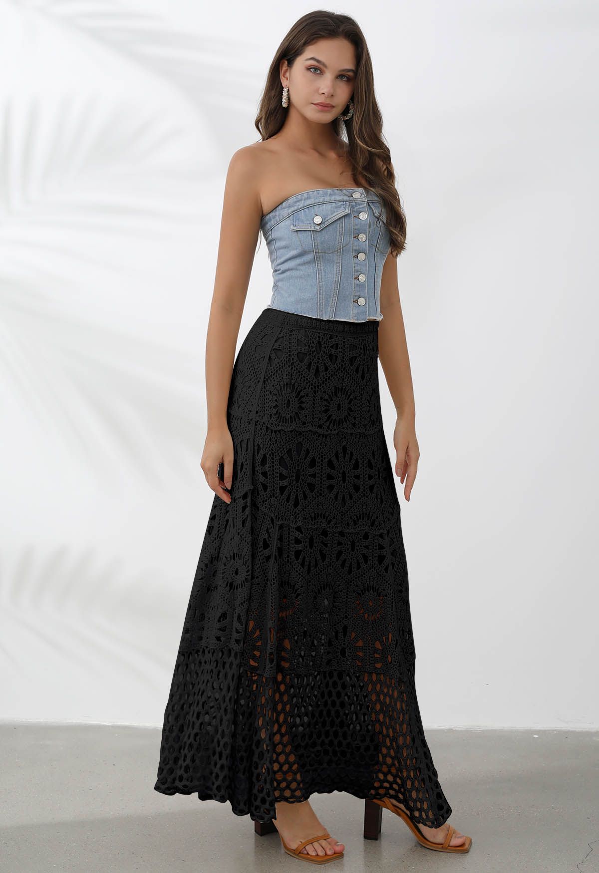 Bohemian Cutwork Crochet Maxi Skirt in Black