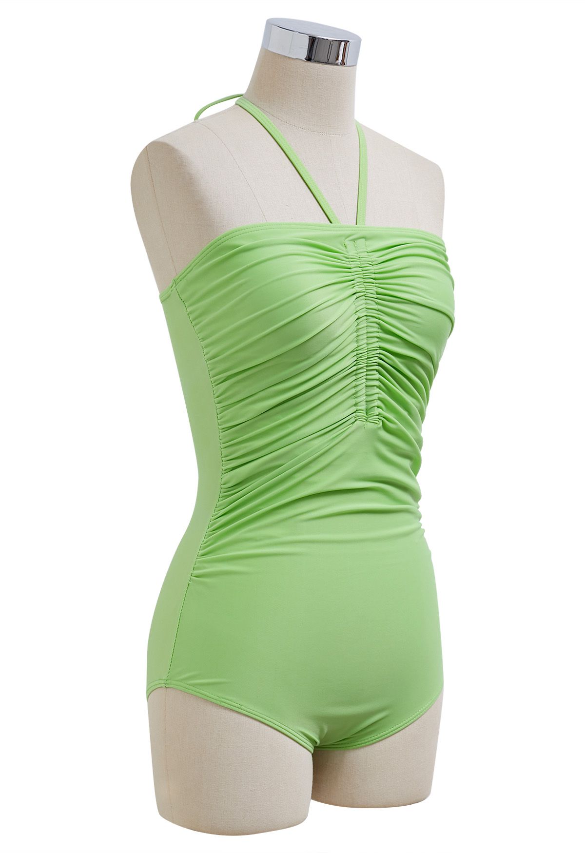 Solid Color Drawstring Halter Neck Swimsuit in Green