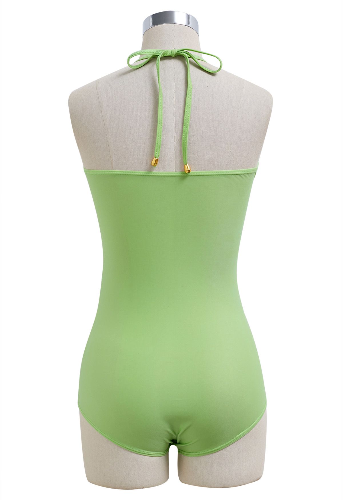 Solid Color Drawstring Halter Neck Swimsuit in Green