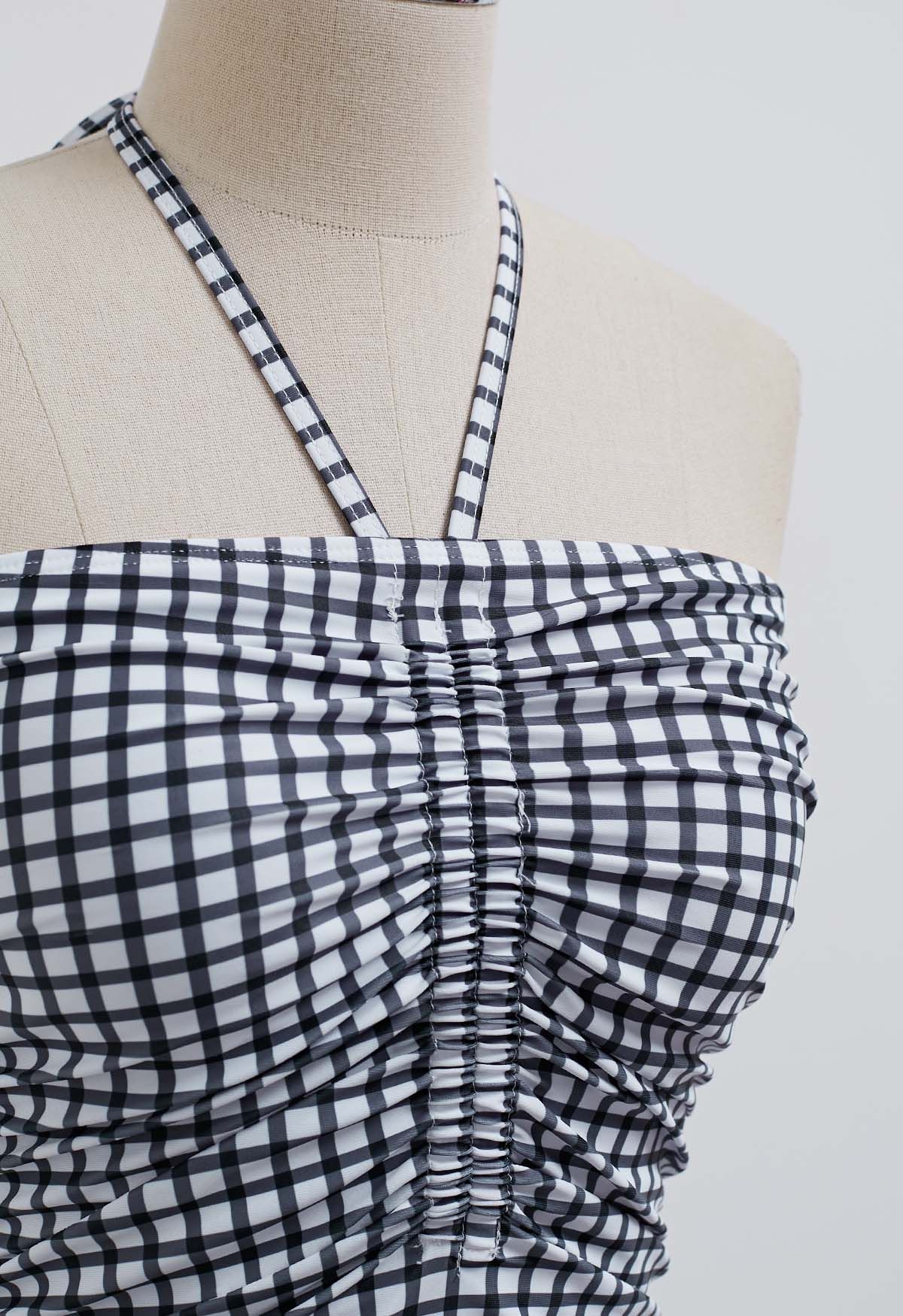 Gingham Drawstring Halter Neck Swimsuit in Black