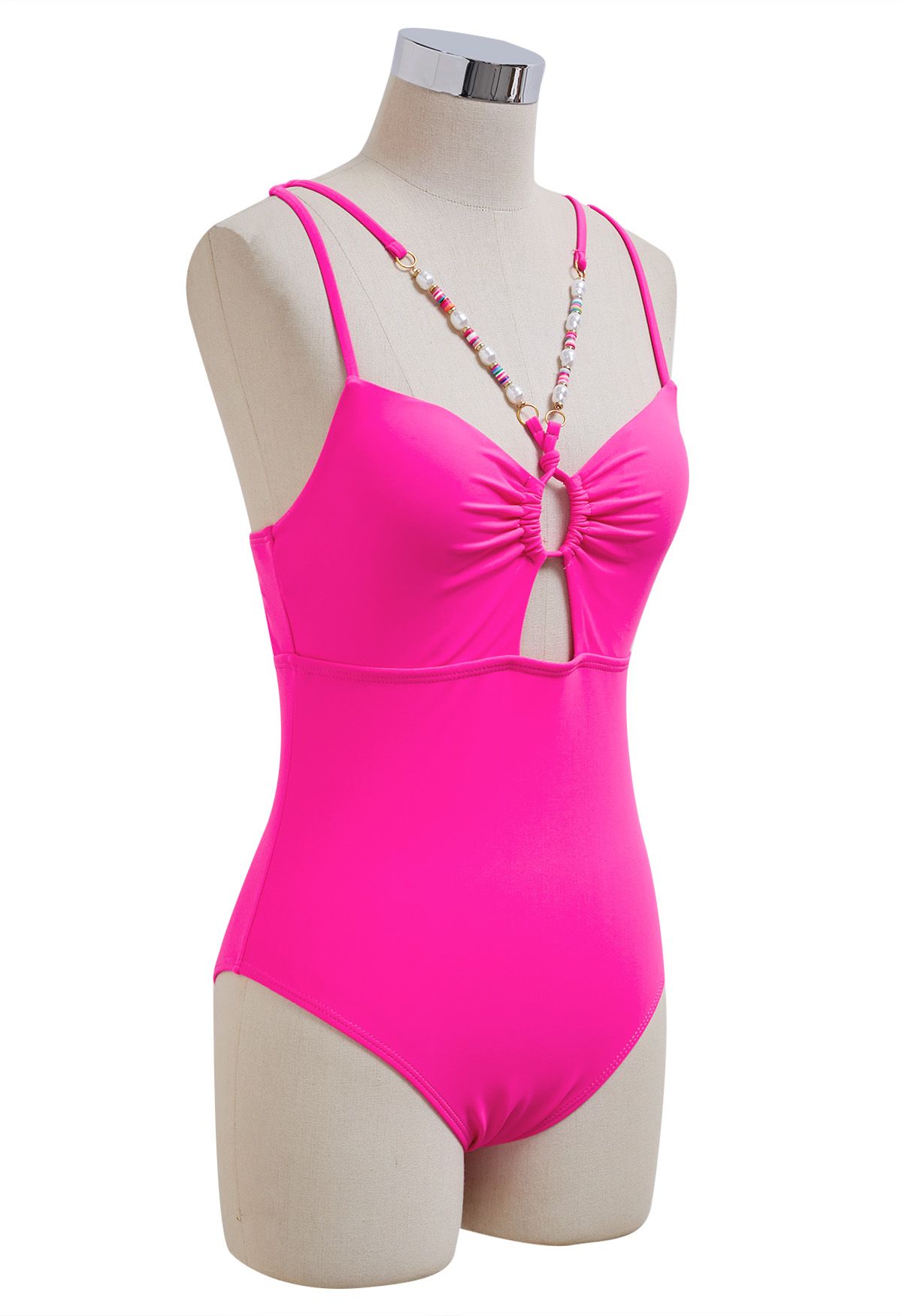 Hot Pink Beaded Trim Cut Out Swimsuit