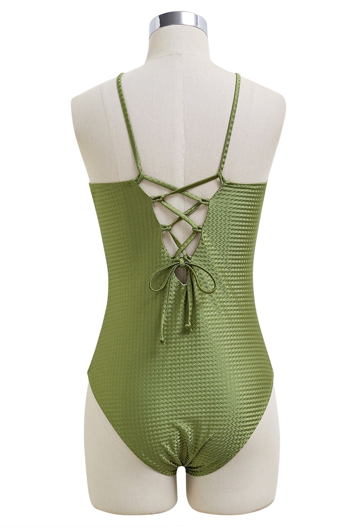 Resin Beads Halter Neck Texture Swimsuit in Army Green