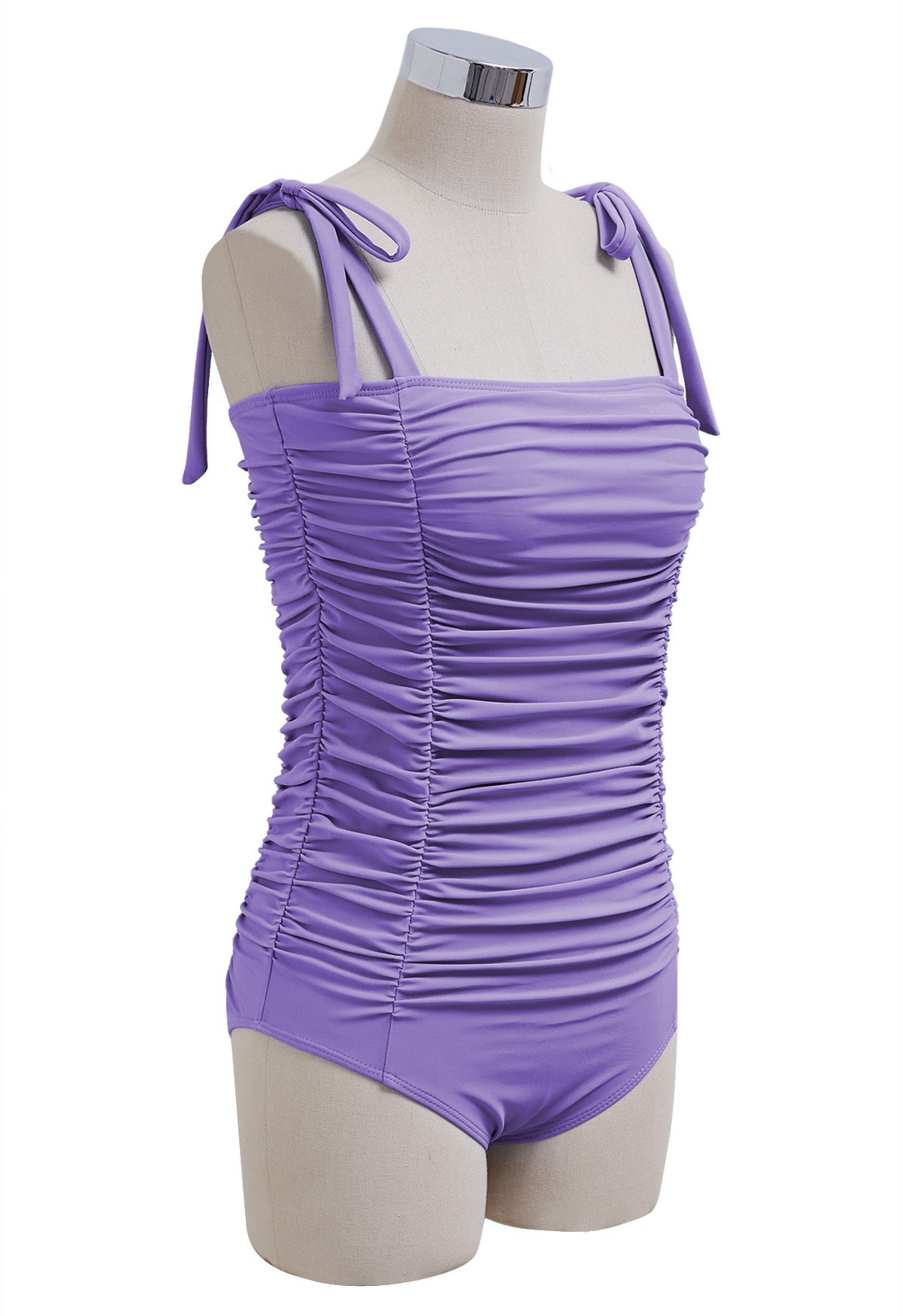 Full Ruched Tie-Shoulder Swimsuit in Purple