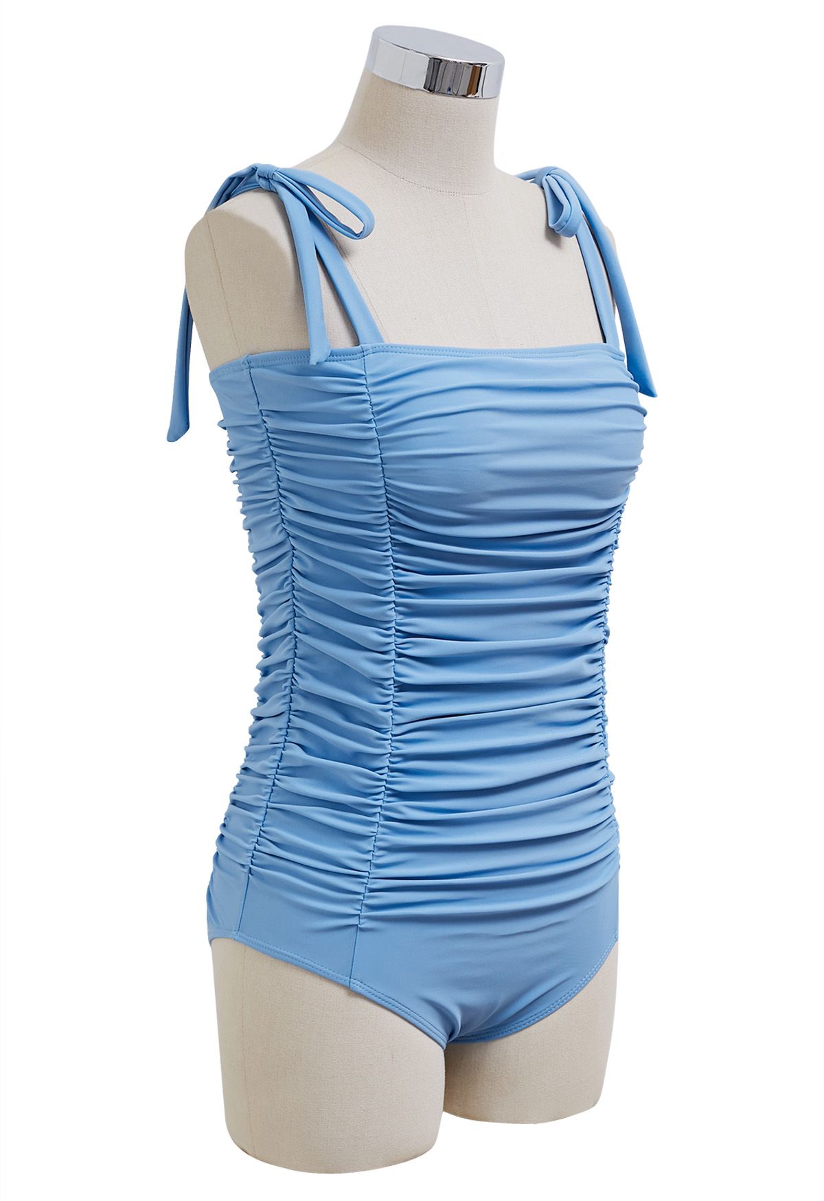 Full Ruched Tie-Shoulder Swimsuit in Dusty Blue