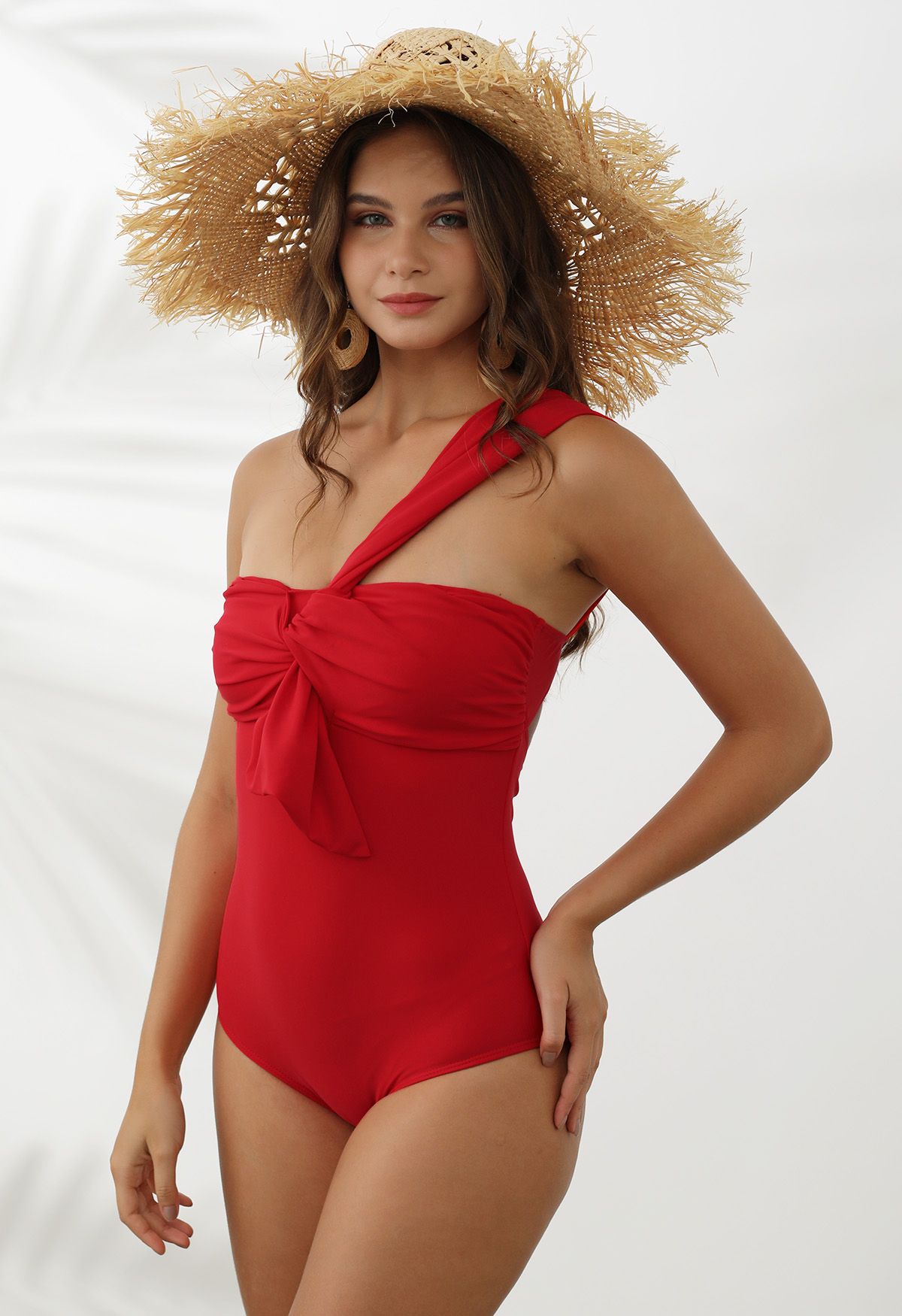 Sweet Knot One-Shoulder One-Piece Swimsuit in Red