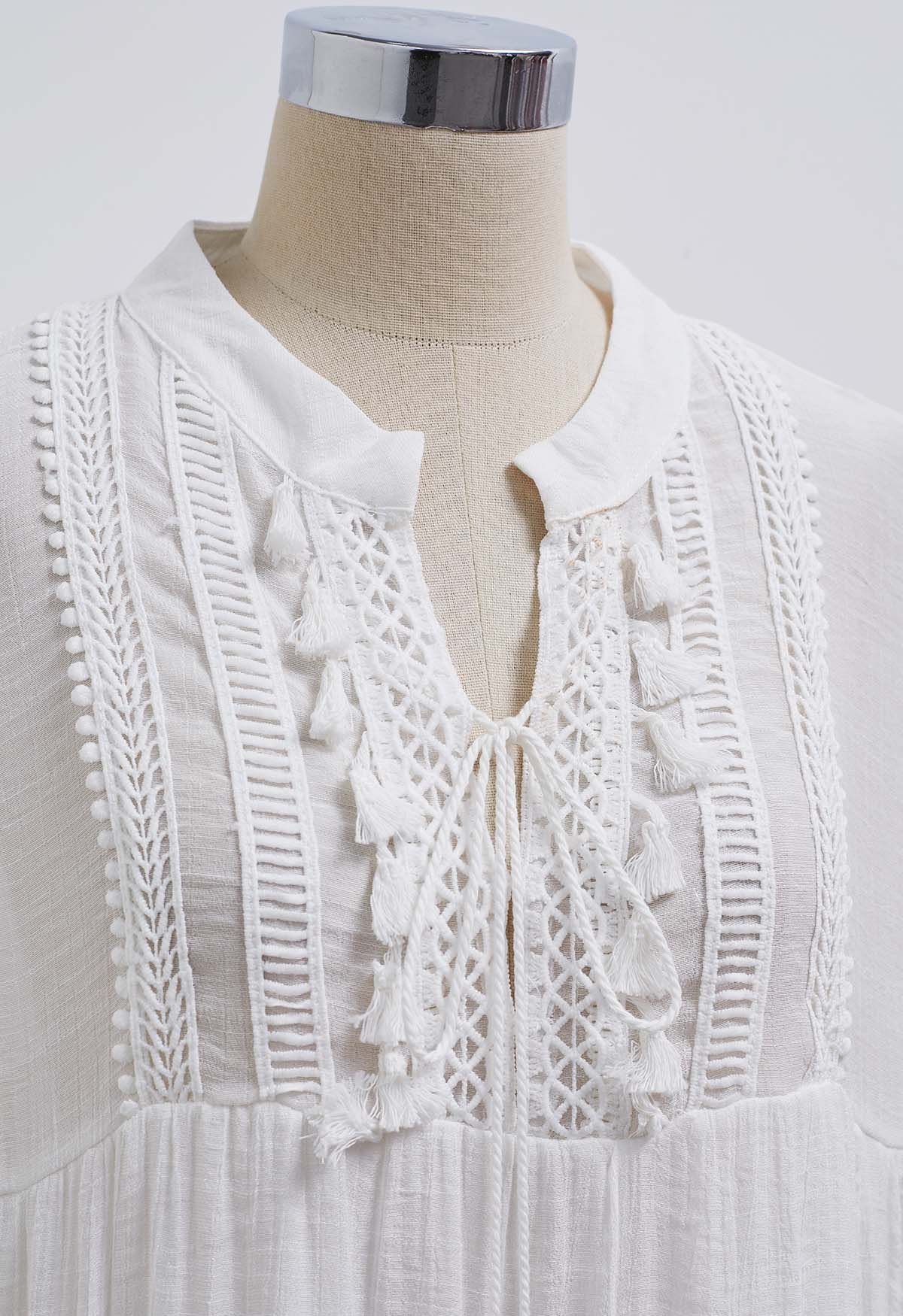 Cutwork Lace Tassel Trim Dolly Dress in White