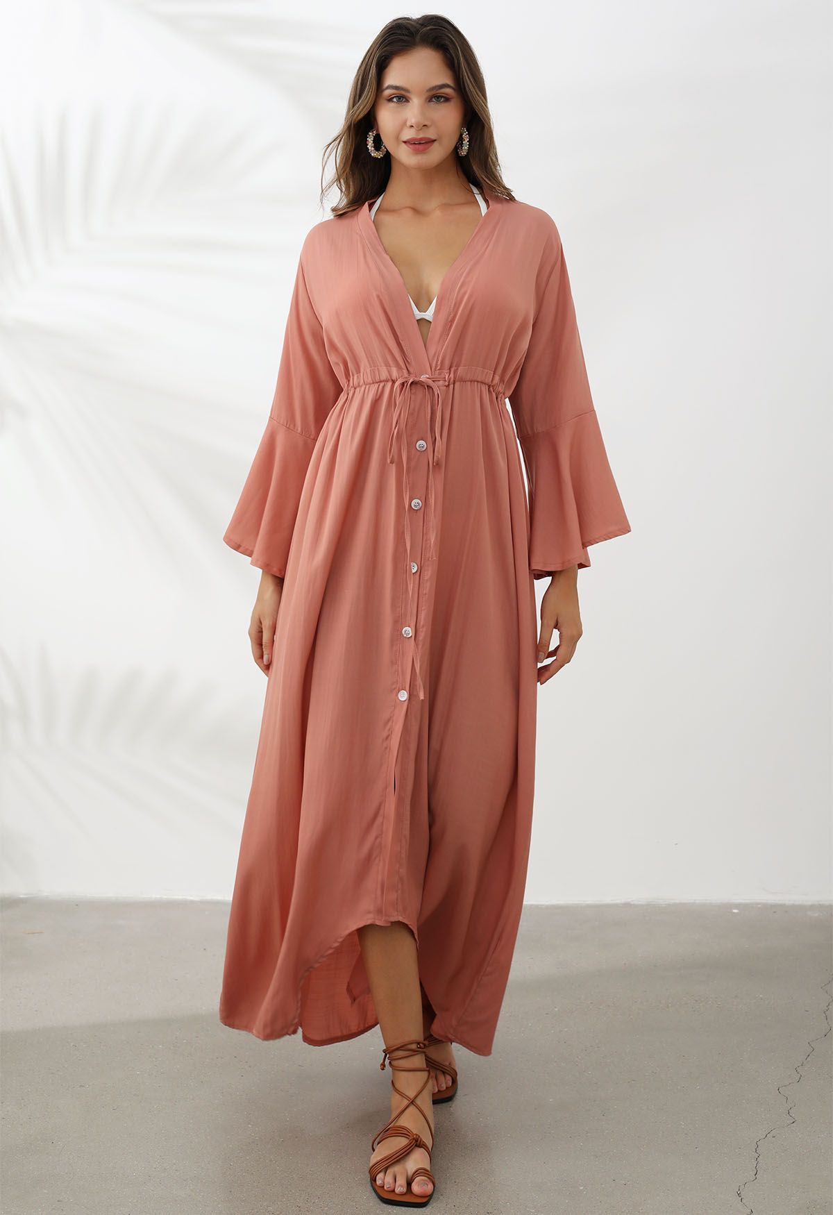 V-Neck Flounce Sleeves Button-Up Cover-Up in Coral