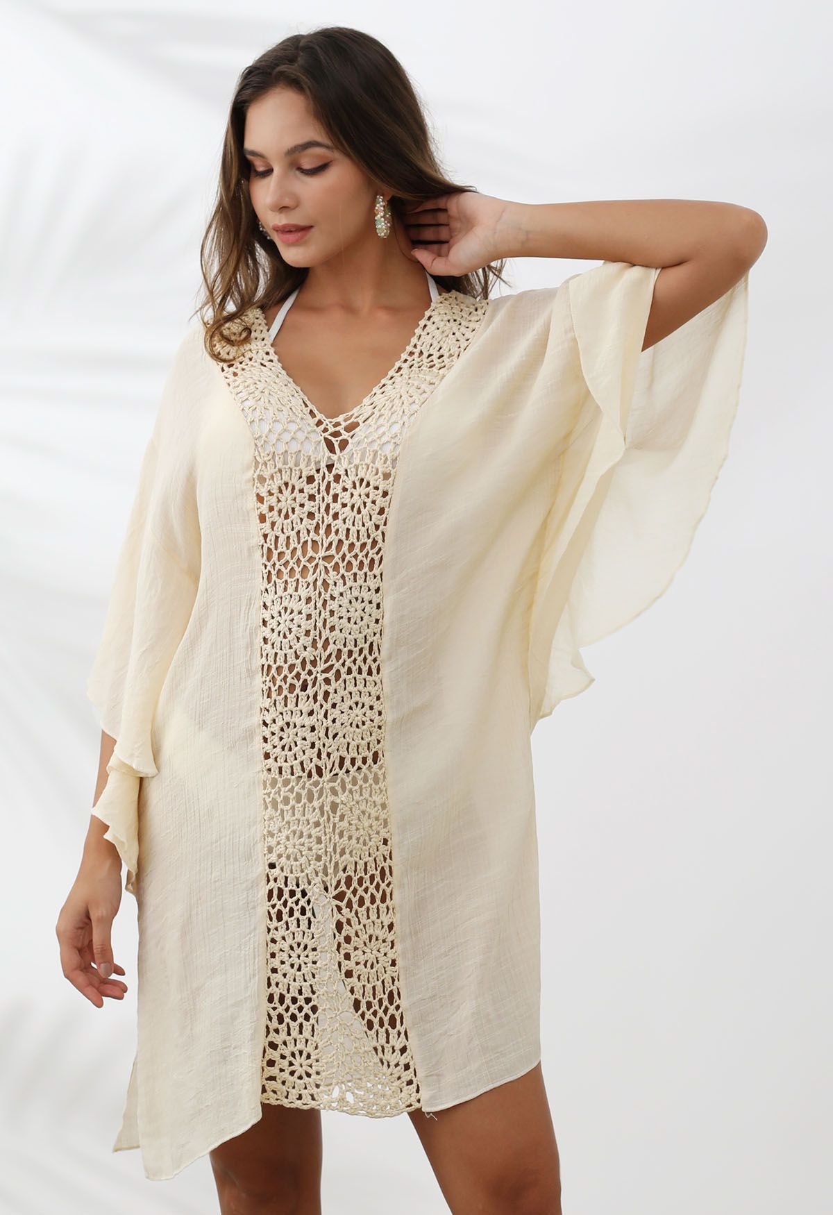 Batwing Sleeve Crochet Spliced Cover-Up Dress