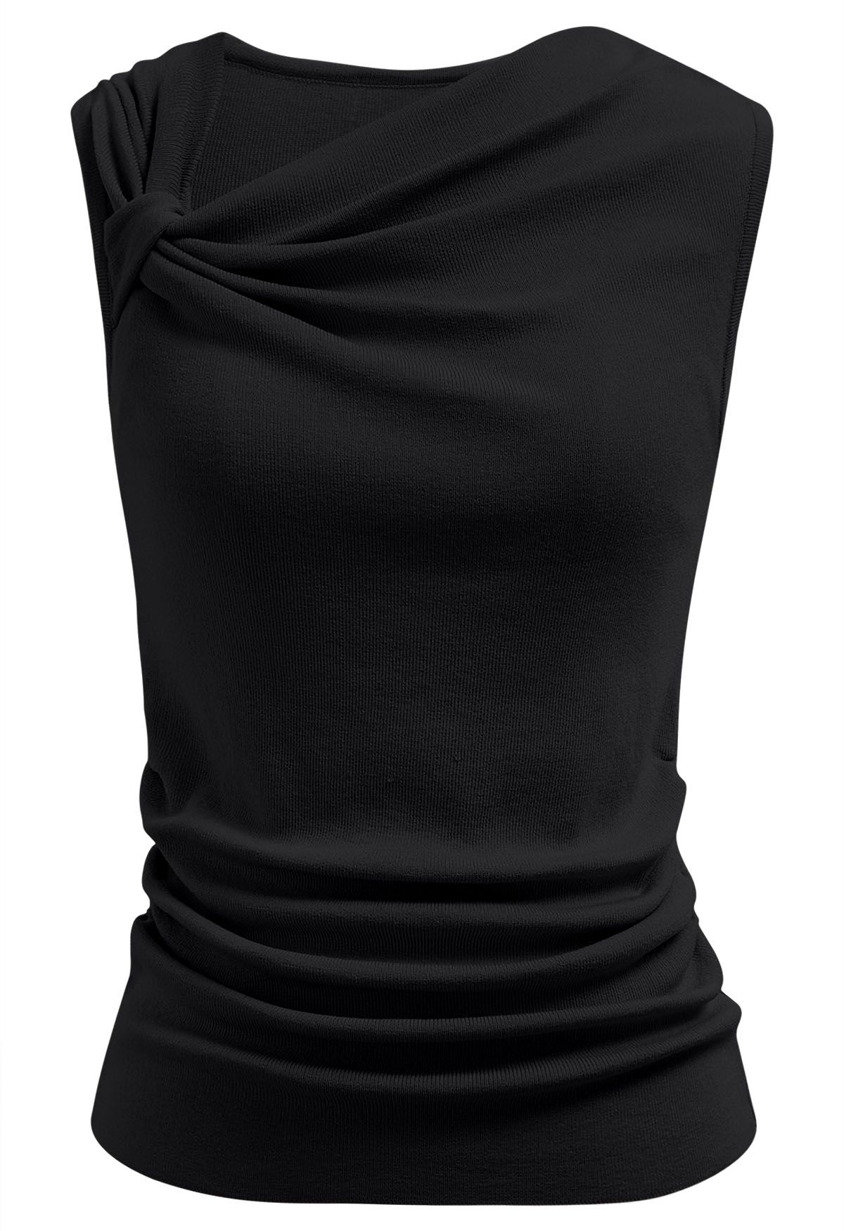 Side Knot Ruched Sleeveless Knit Top in Black