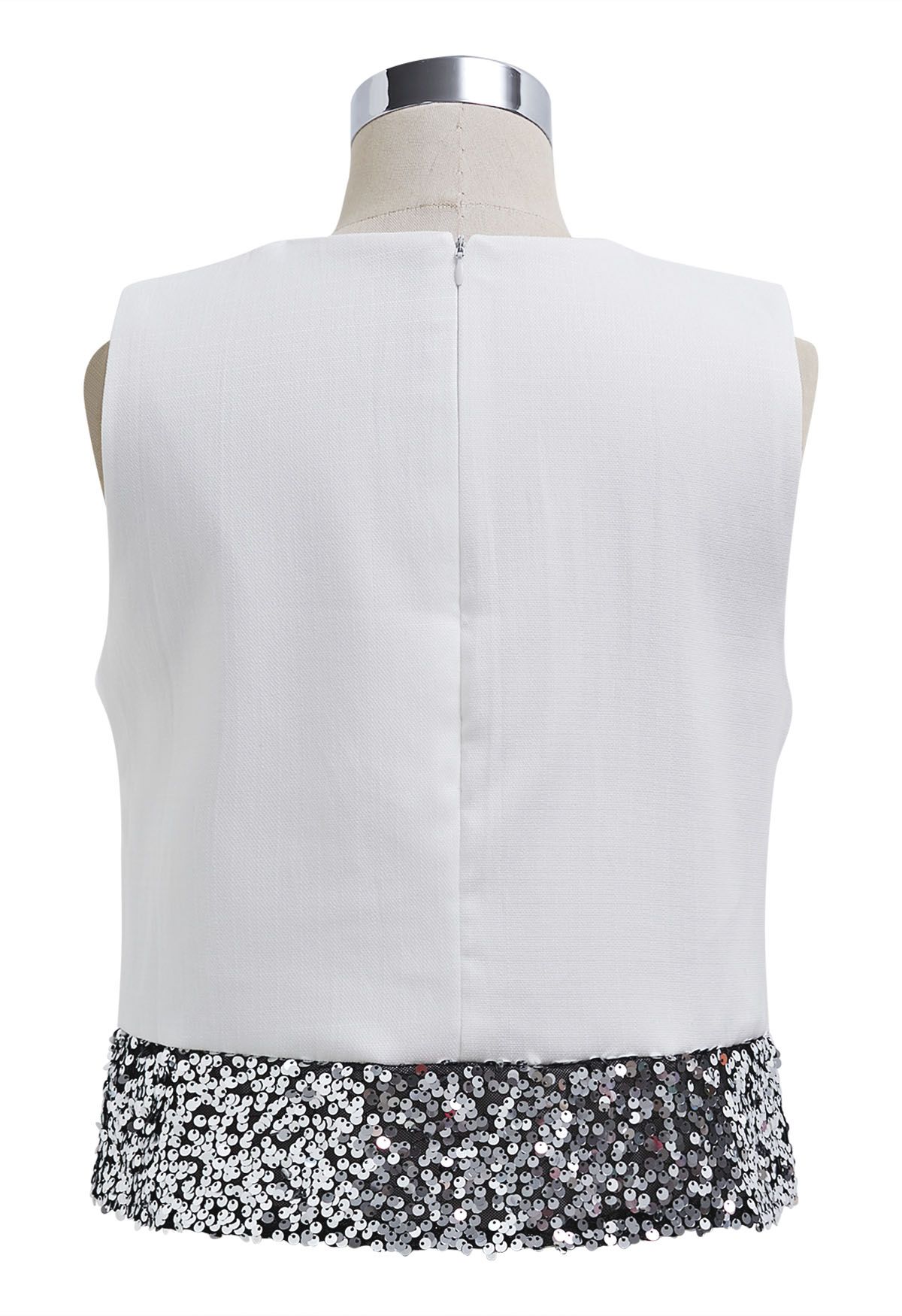 Sequined Hem Sleeveless Tweed Crop Top in White