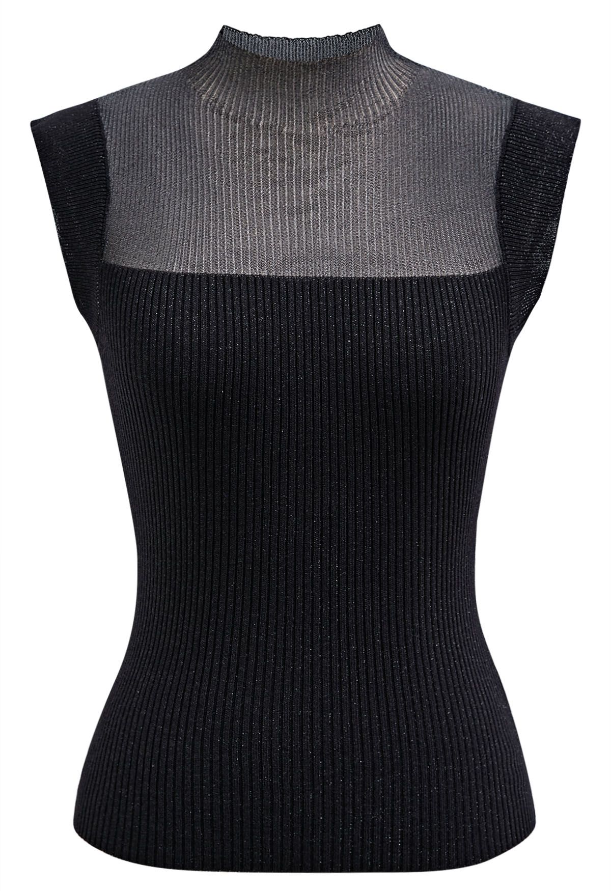 Cutout Mesh Mock Neck Metallic Knit Top in Black