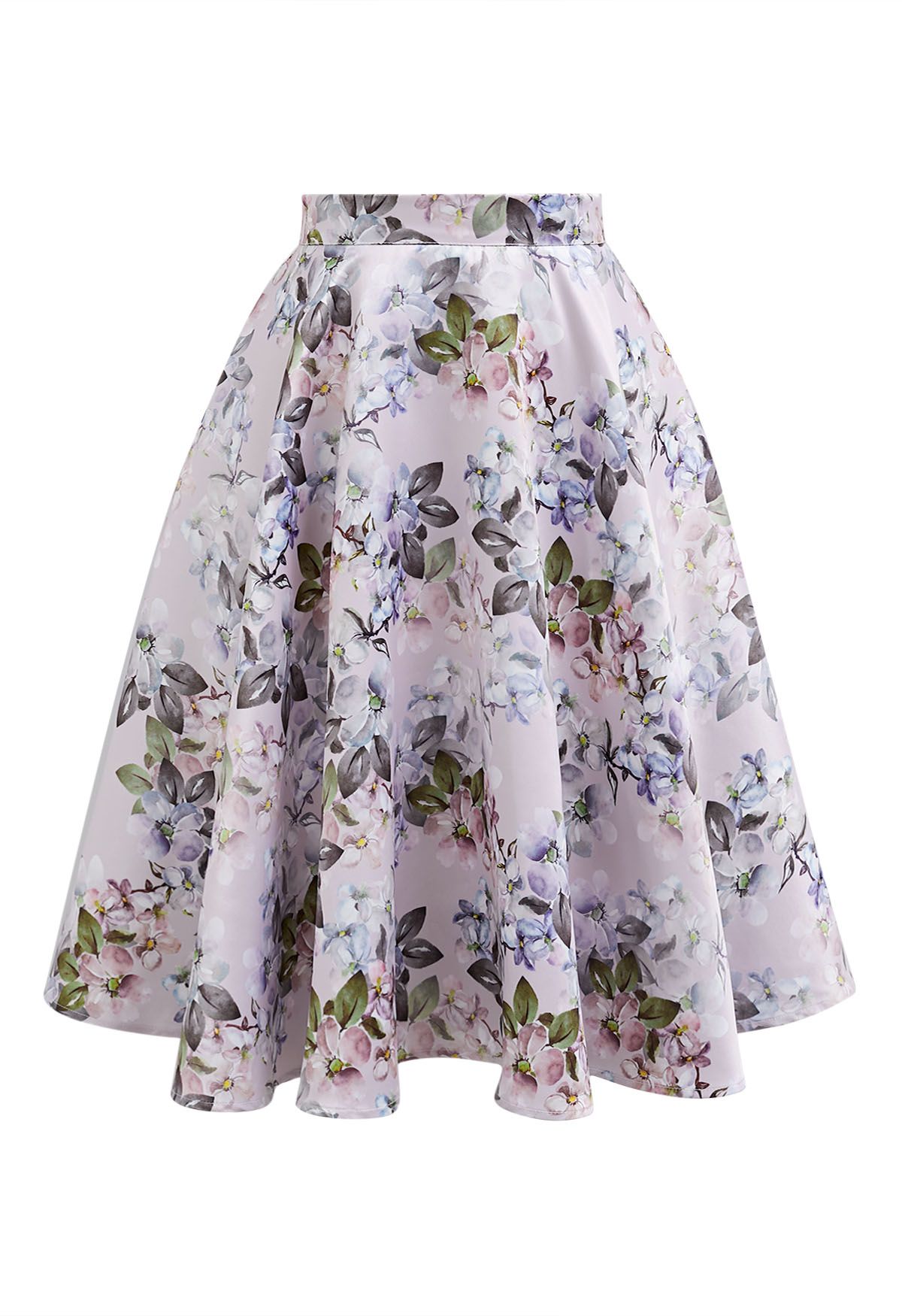 Bright Floral Printed Flare Midi Skirt in Light Pink