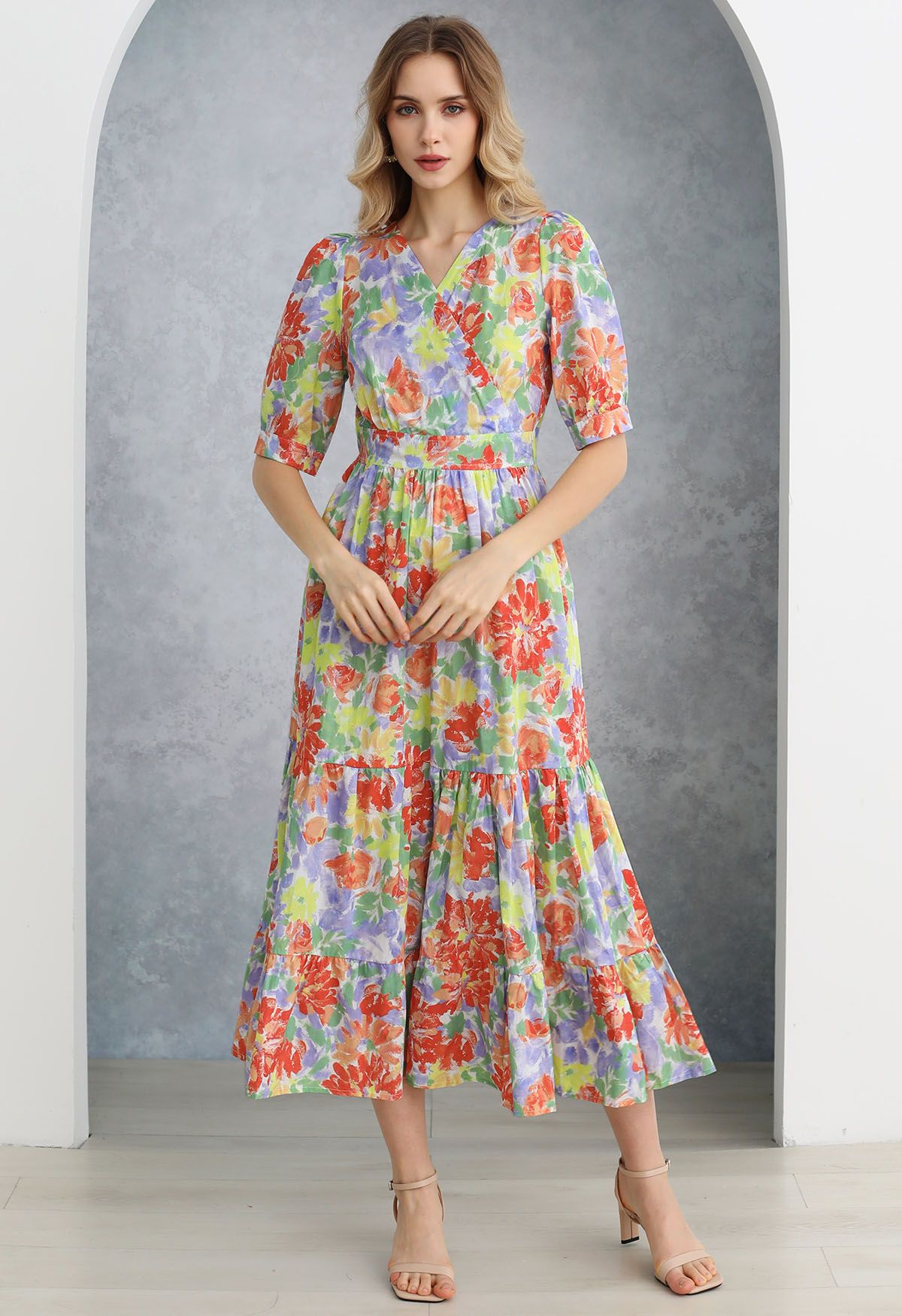 Summer Shine Floral Printed Frilling Wrapped Dress