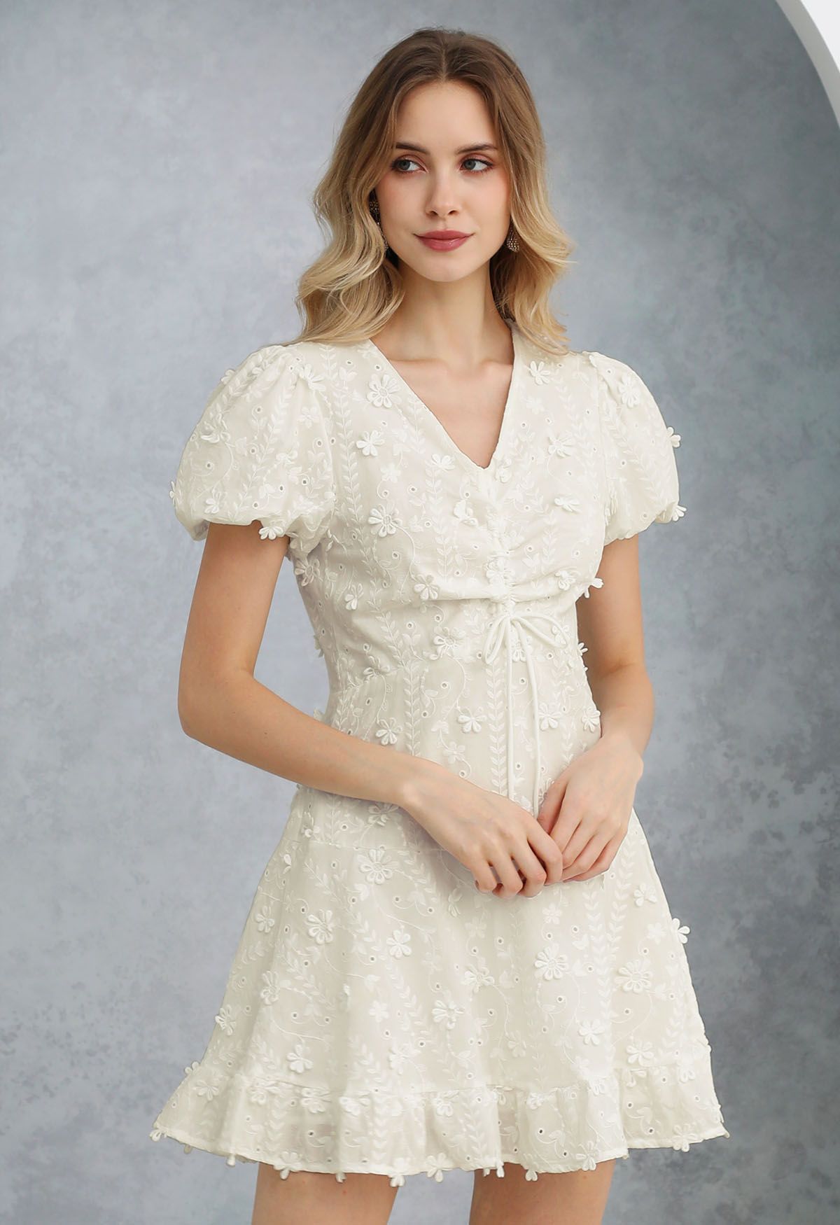 3D Daisy Bubble Sleeve Cotton Mini Dress in Cream