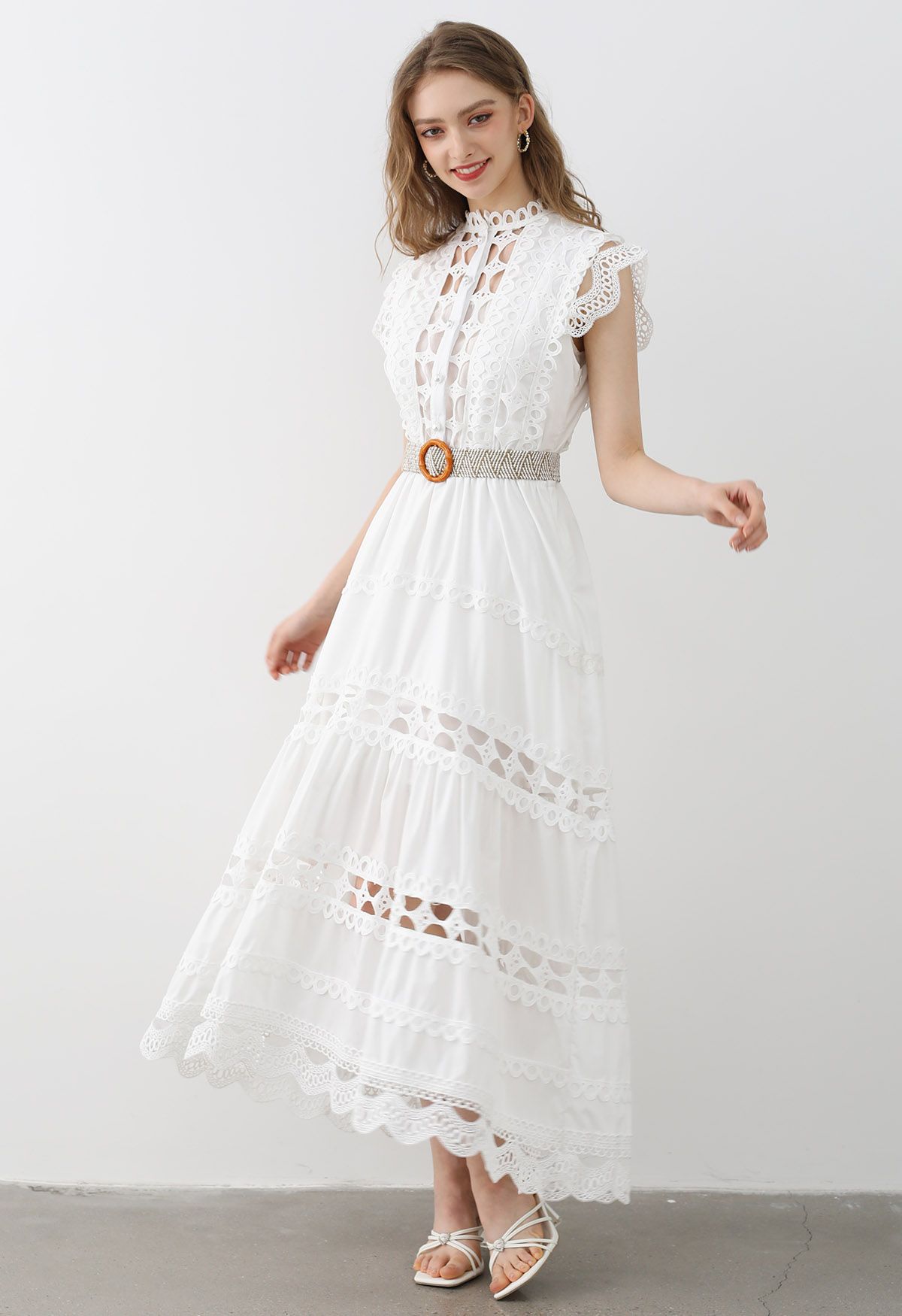 Belted Cutwork Pearly Sleeveless Maxi Dress in White