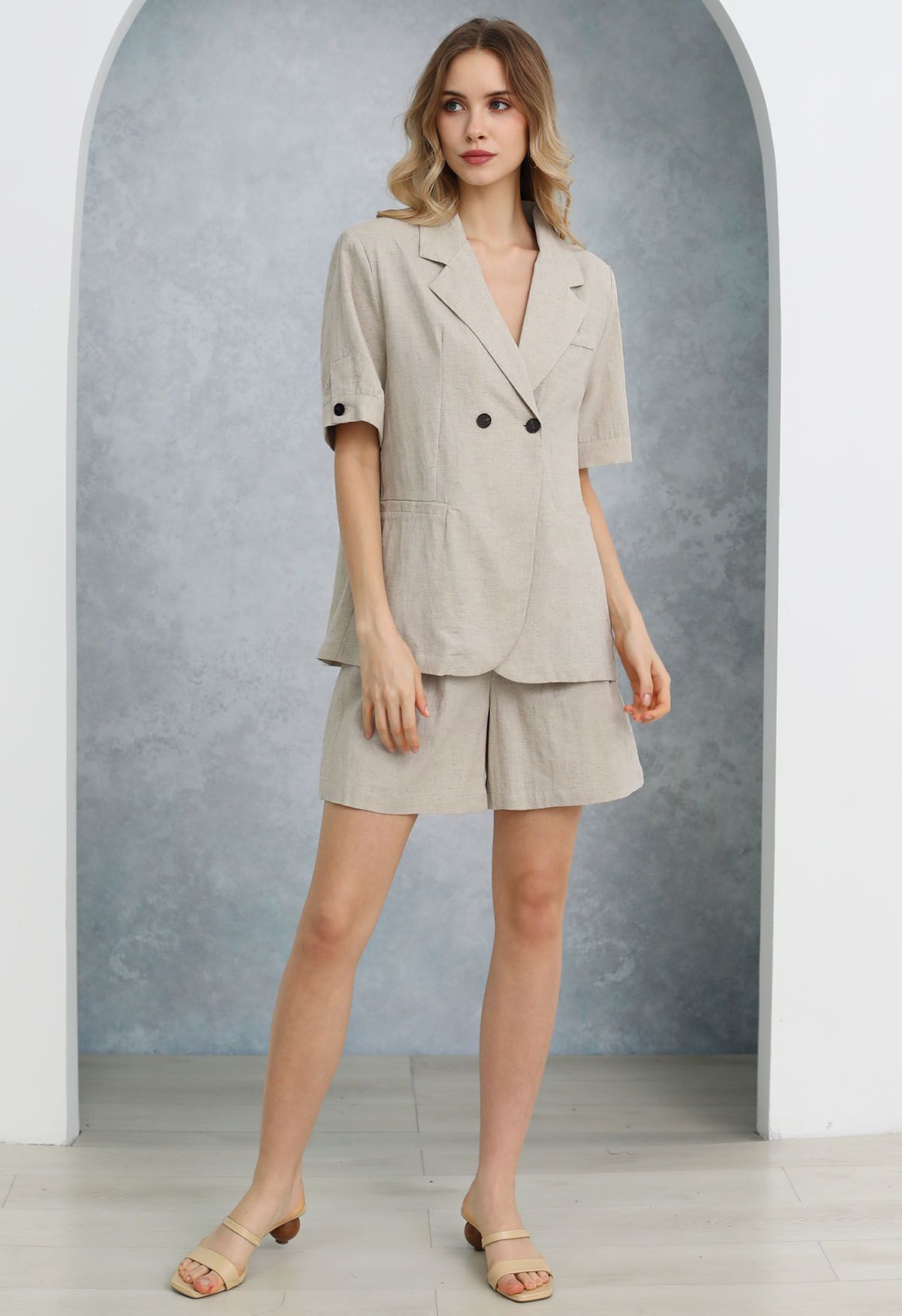 Notch Lapel Linen-Blend Blazer and Shorts Set