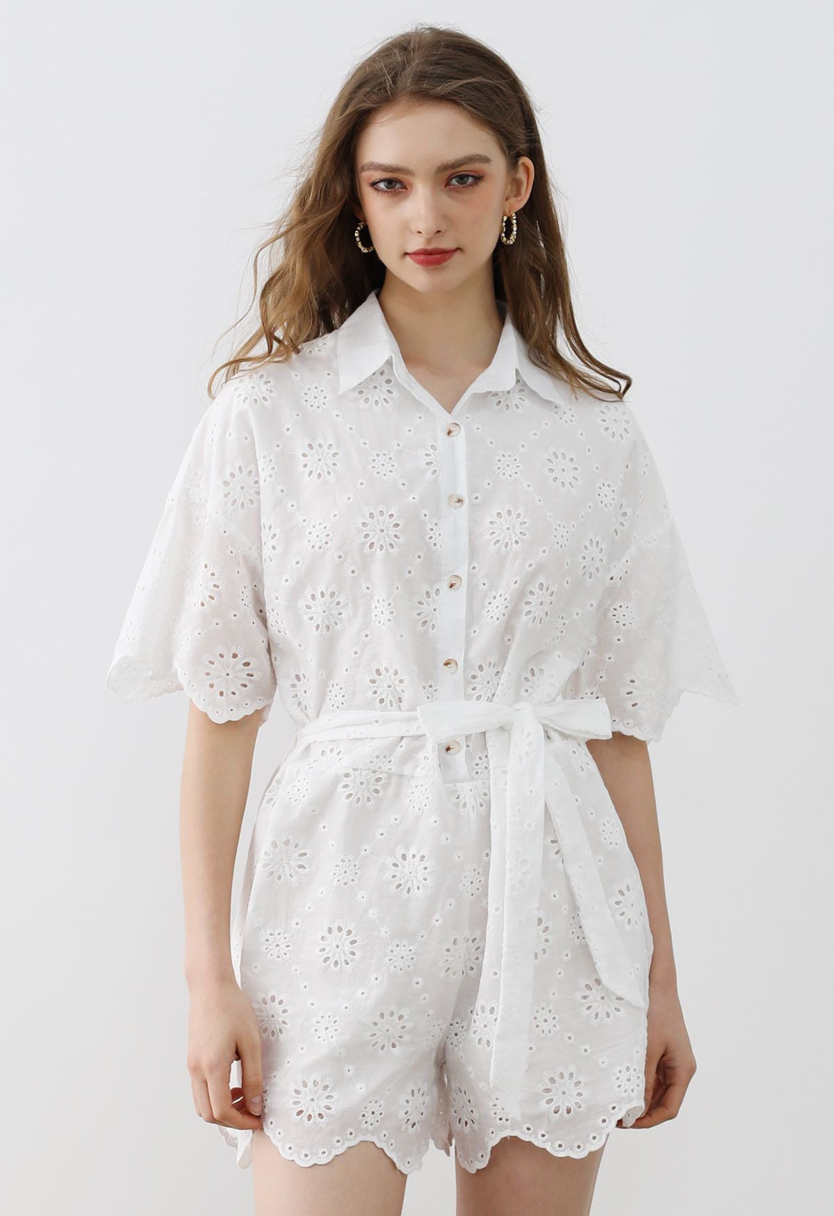 Floral Eyelet Embroidery Scalloped Edge Playsuit