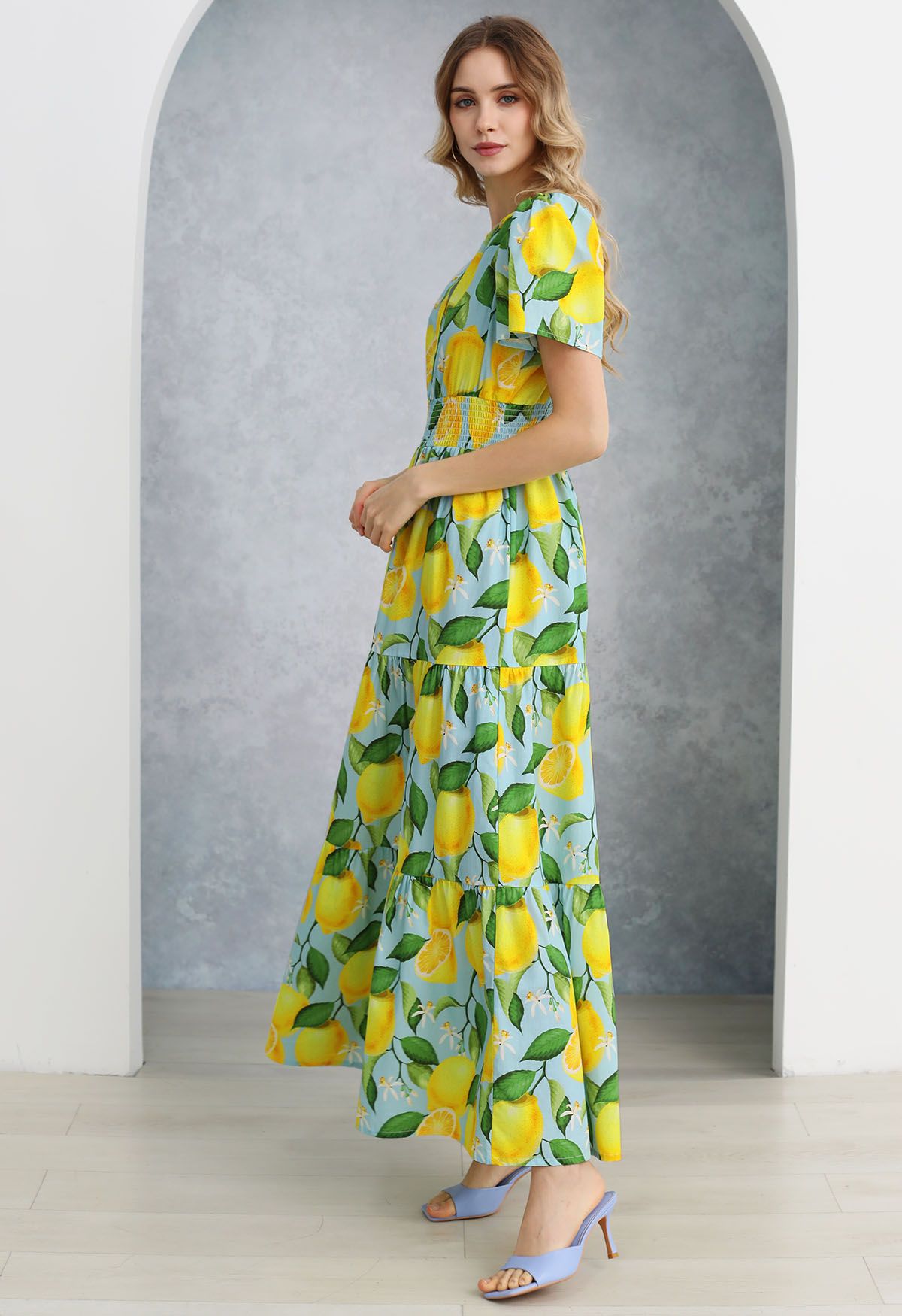 Zesty Yellow Lemon Printed Maxi Dress