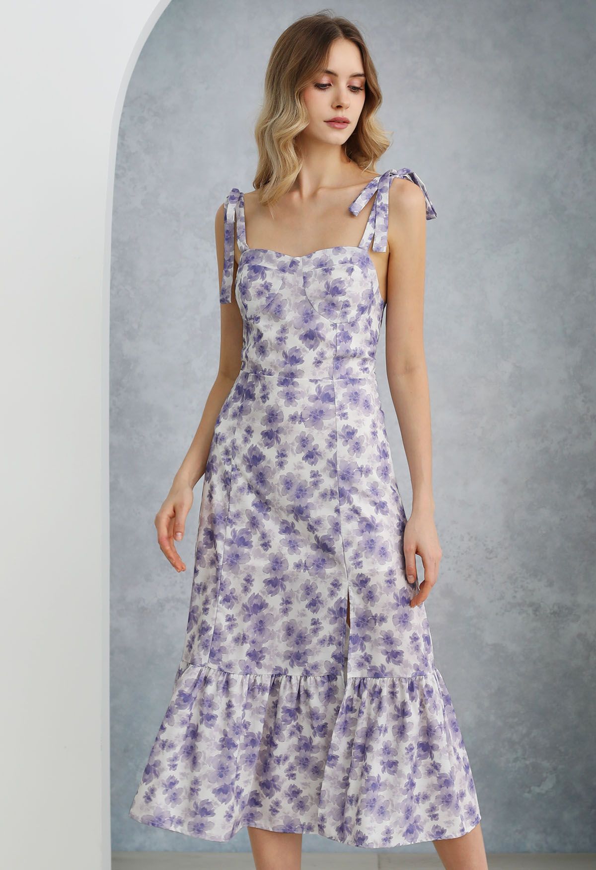 Floral Tie-Shoulder Split Midi Dress in Purple