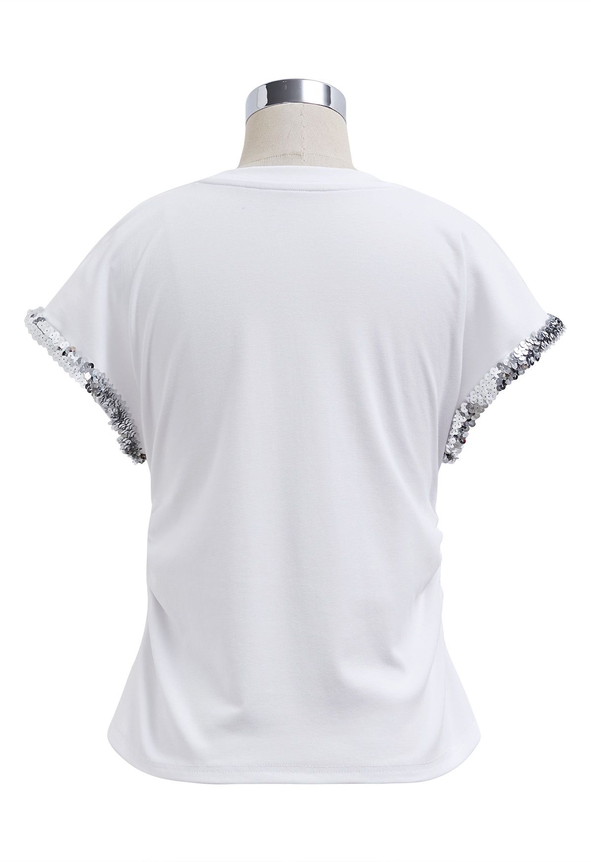 Sequined Cuff Ruched Side T-Shirt in White