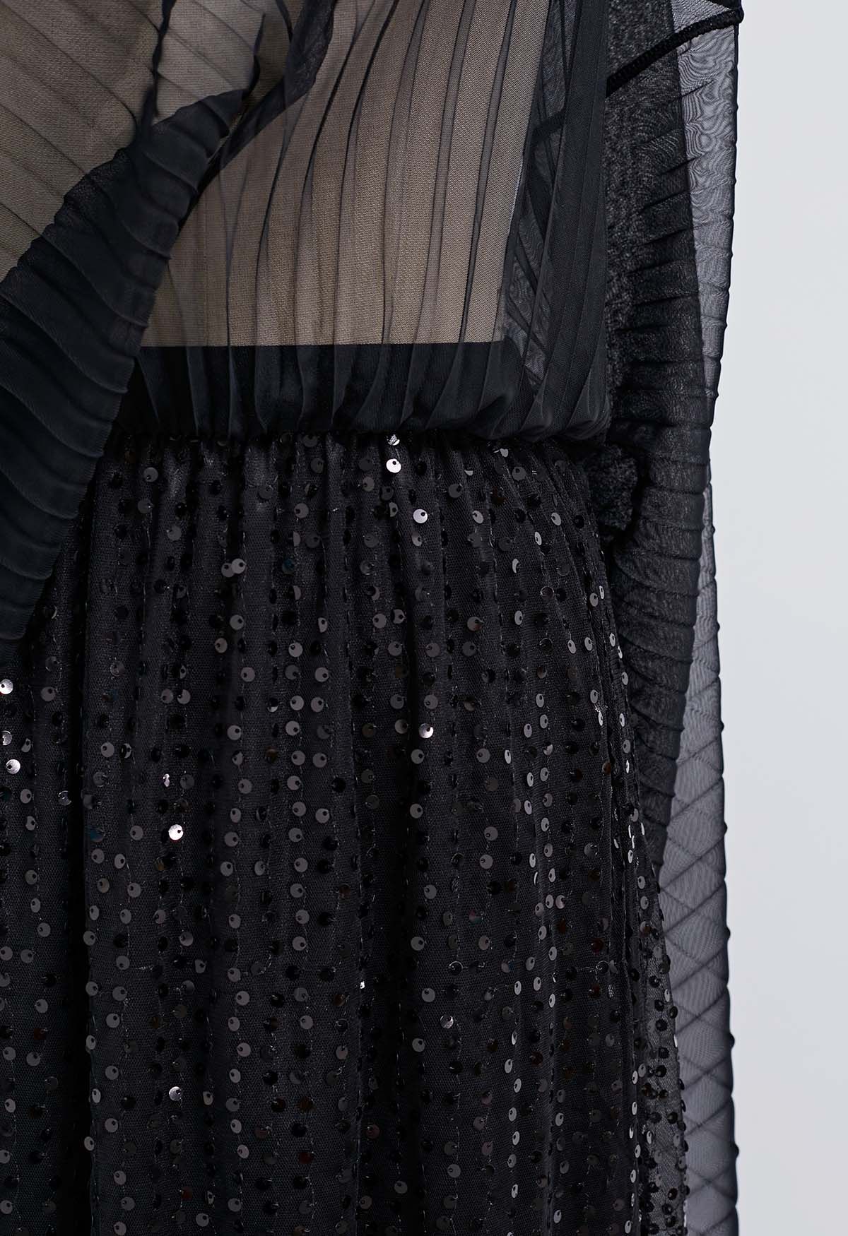 Glister Sequin Trim Mesh Tulle Maxi Skirt in Black