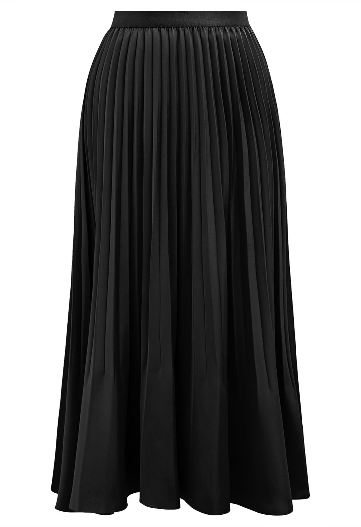 Smooth Satin Pleated Midi Skirt in Black