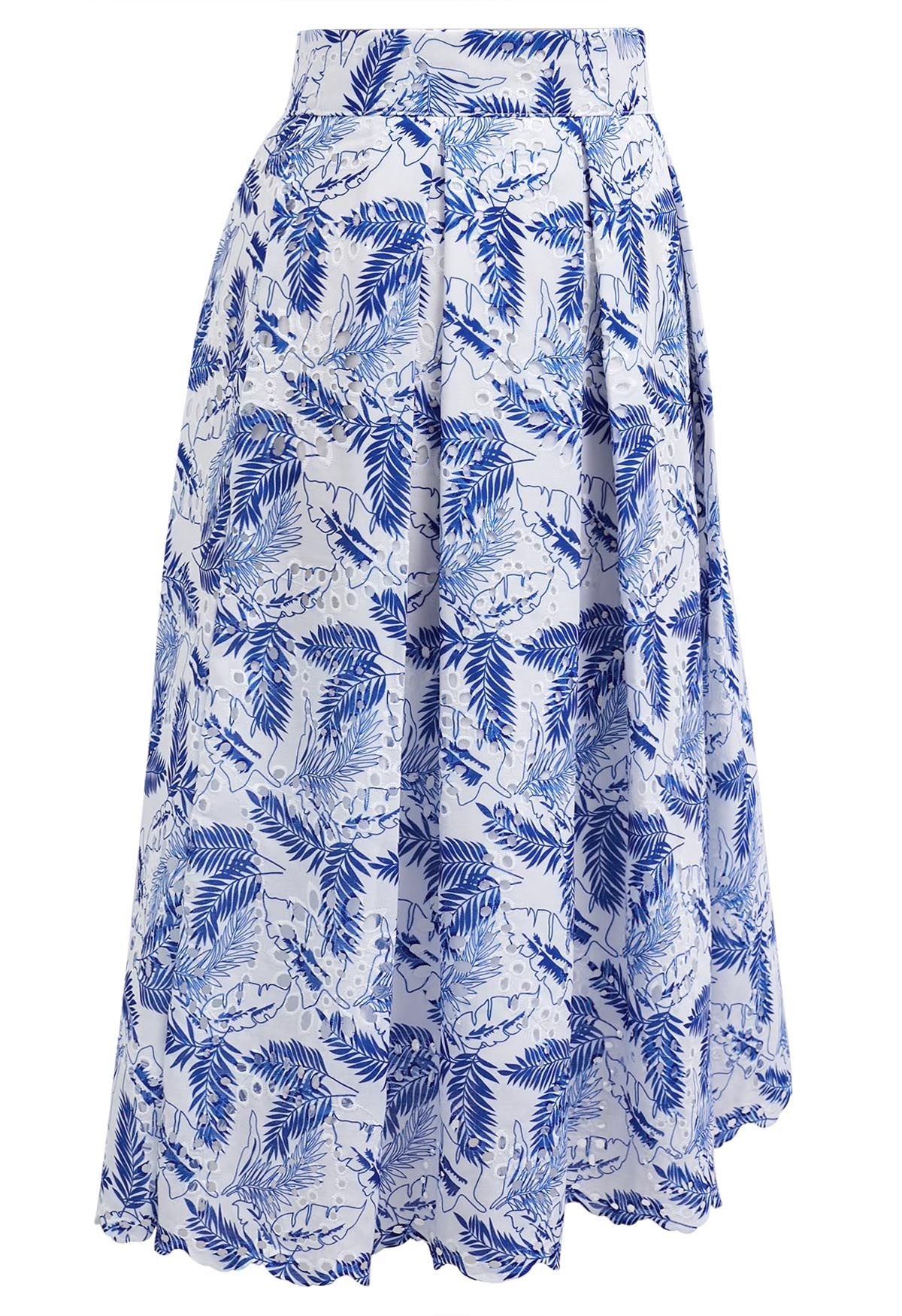 Leaf Embroidered Eyelet Pleated Midi Skirt in Blue