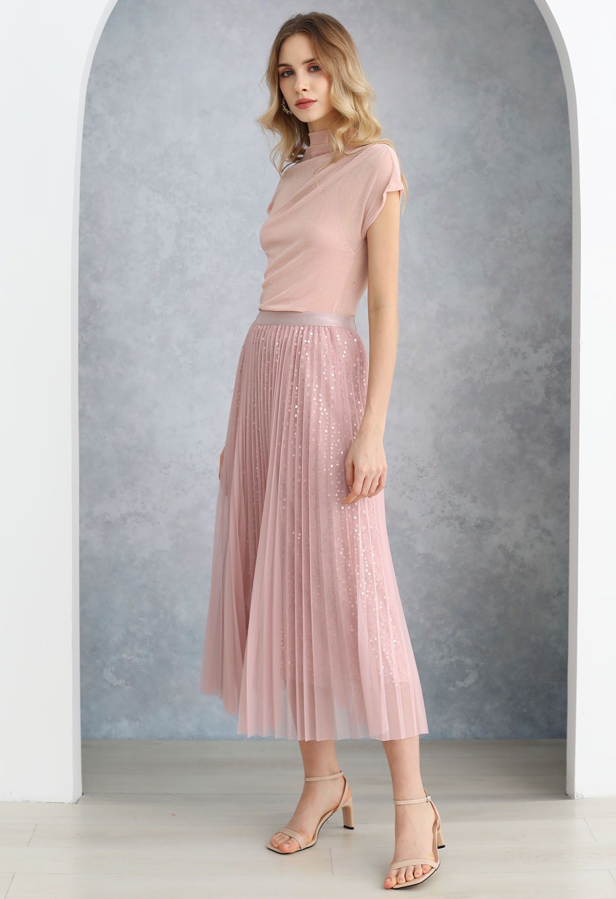 Glister Sequin Trim Mesh Tulle Maxi Skirt in Pink