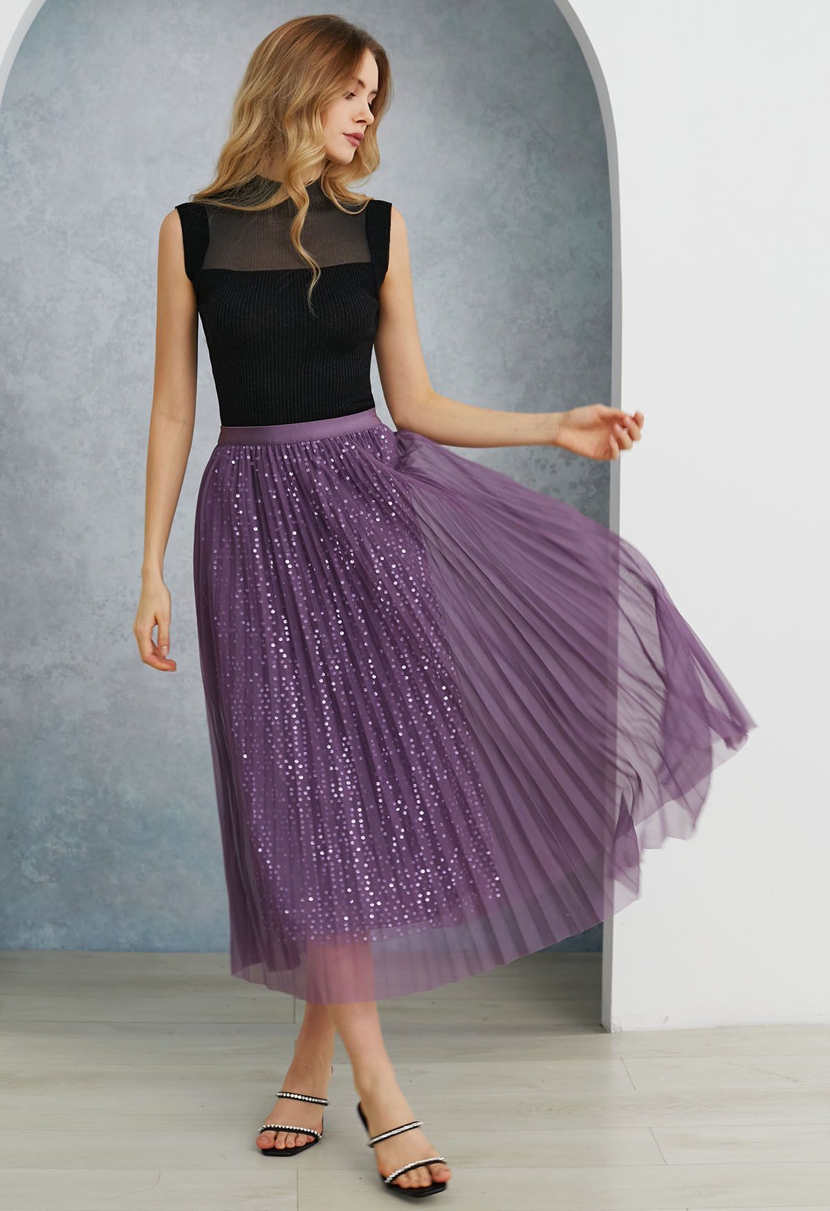 Glister Sequin Trim Mesh Tulle Maxi Skirt in Purple