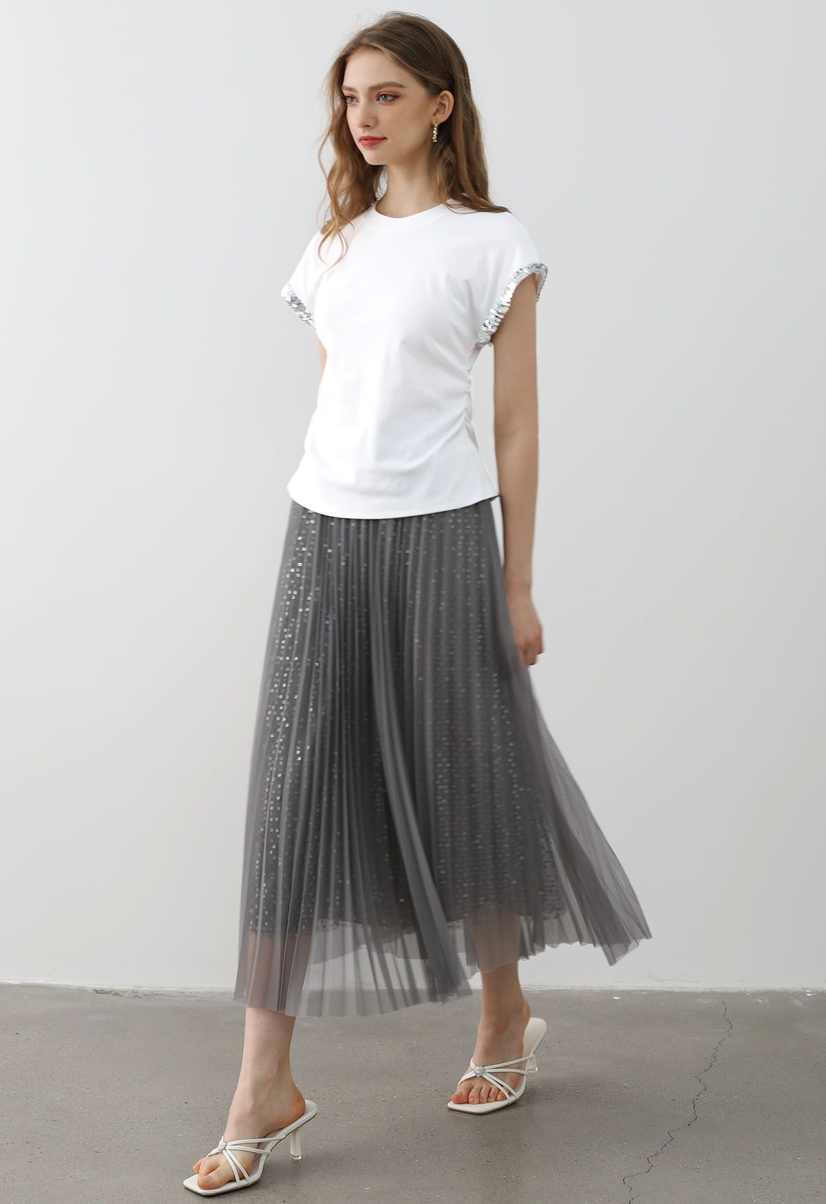 Sequined Cuff Ruched Side T-Shirt in White