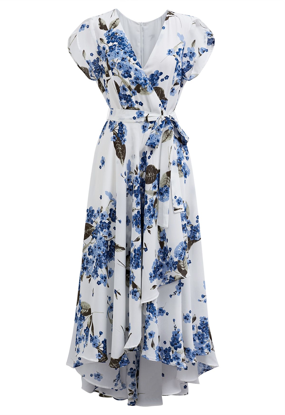 Floral Asymmetric Hem Chiffon Wrap Maxi Dress