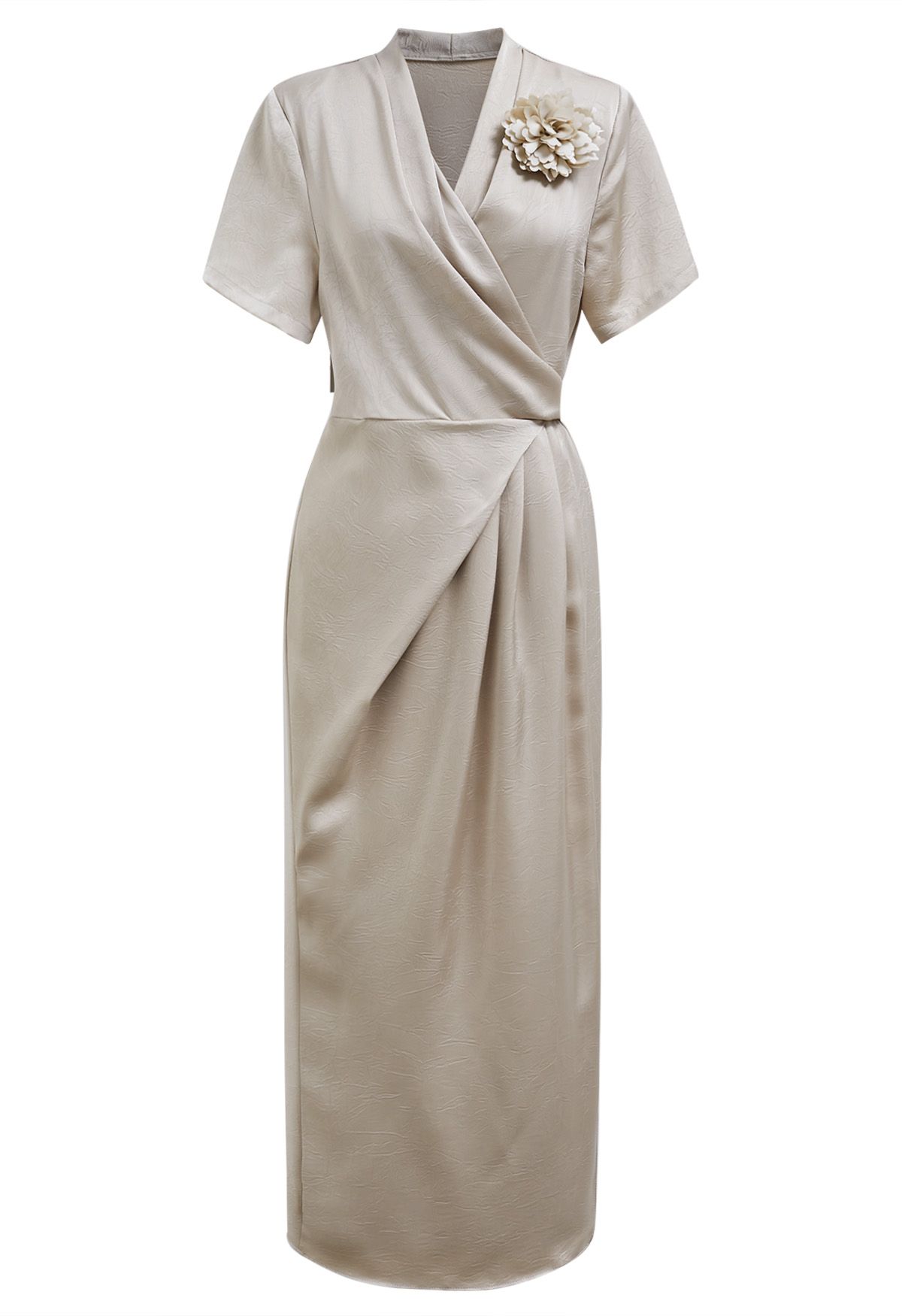 Floral Brooch Textured Satin Dress in Champagne