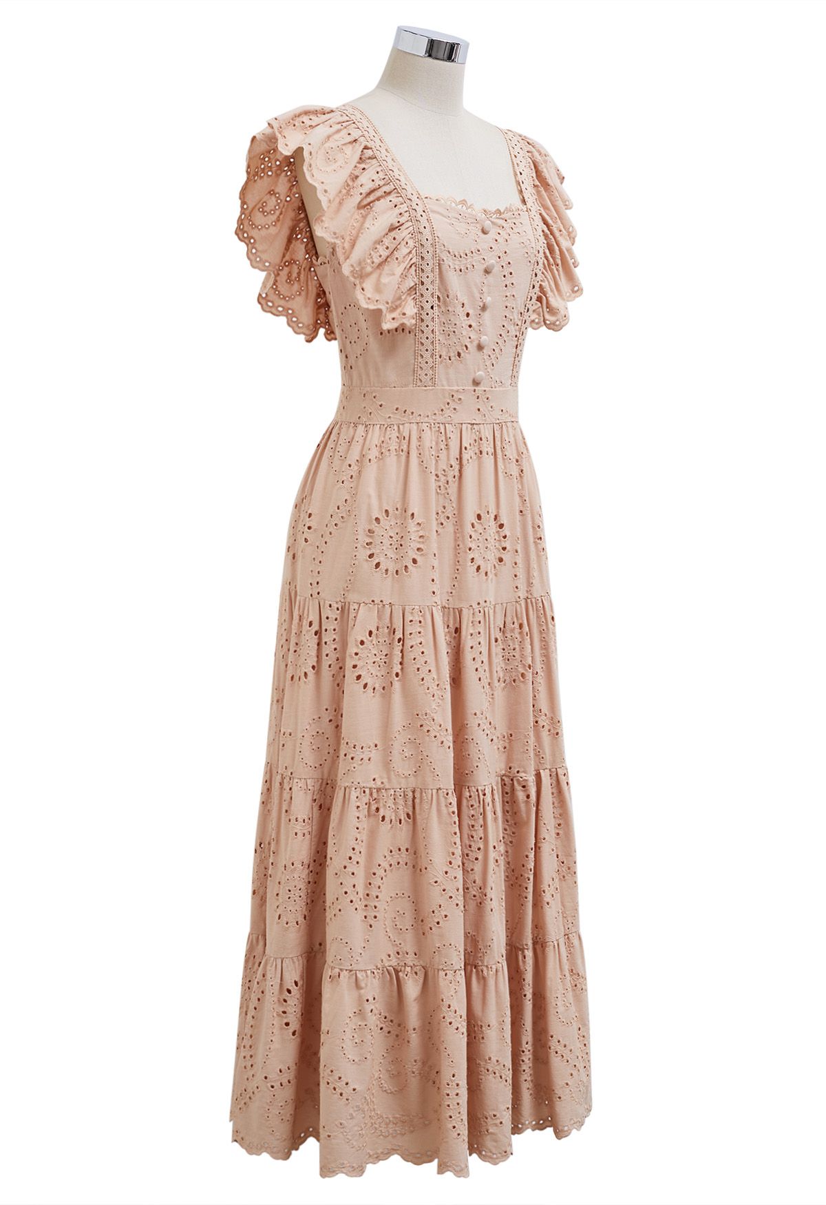 Sweetheart Neckline Eyelet Embroidery Maxi Dress in Apricot