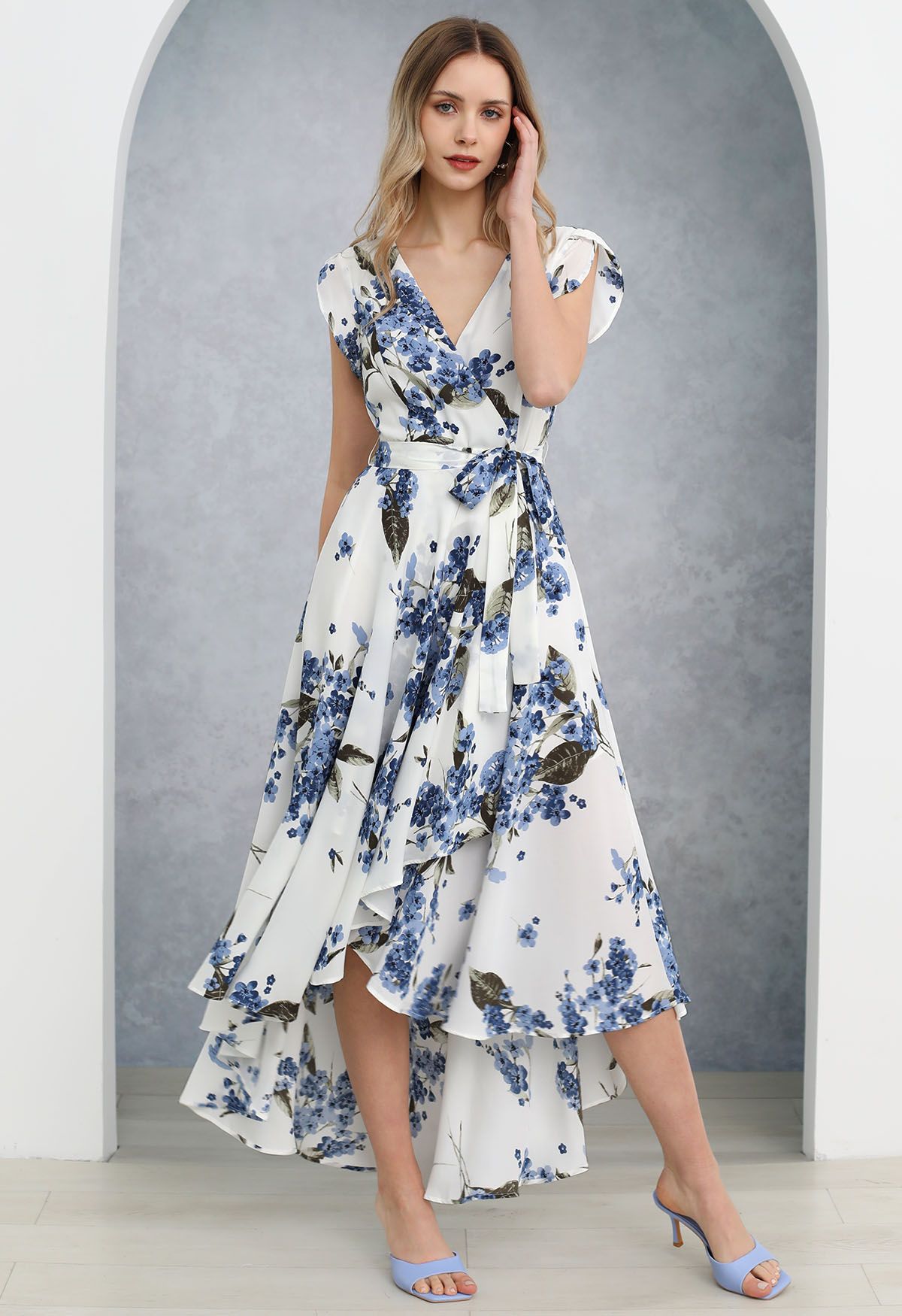 Floral Asymmetric Hem Chiffon Wrap Maxi Dress