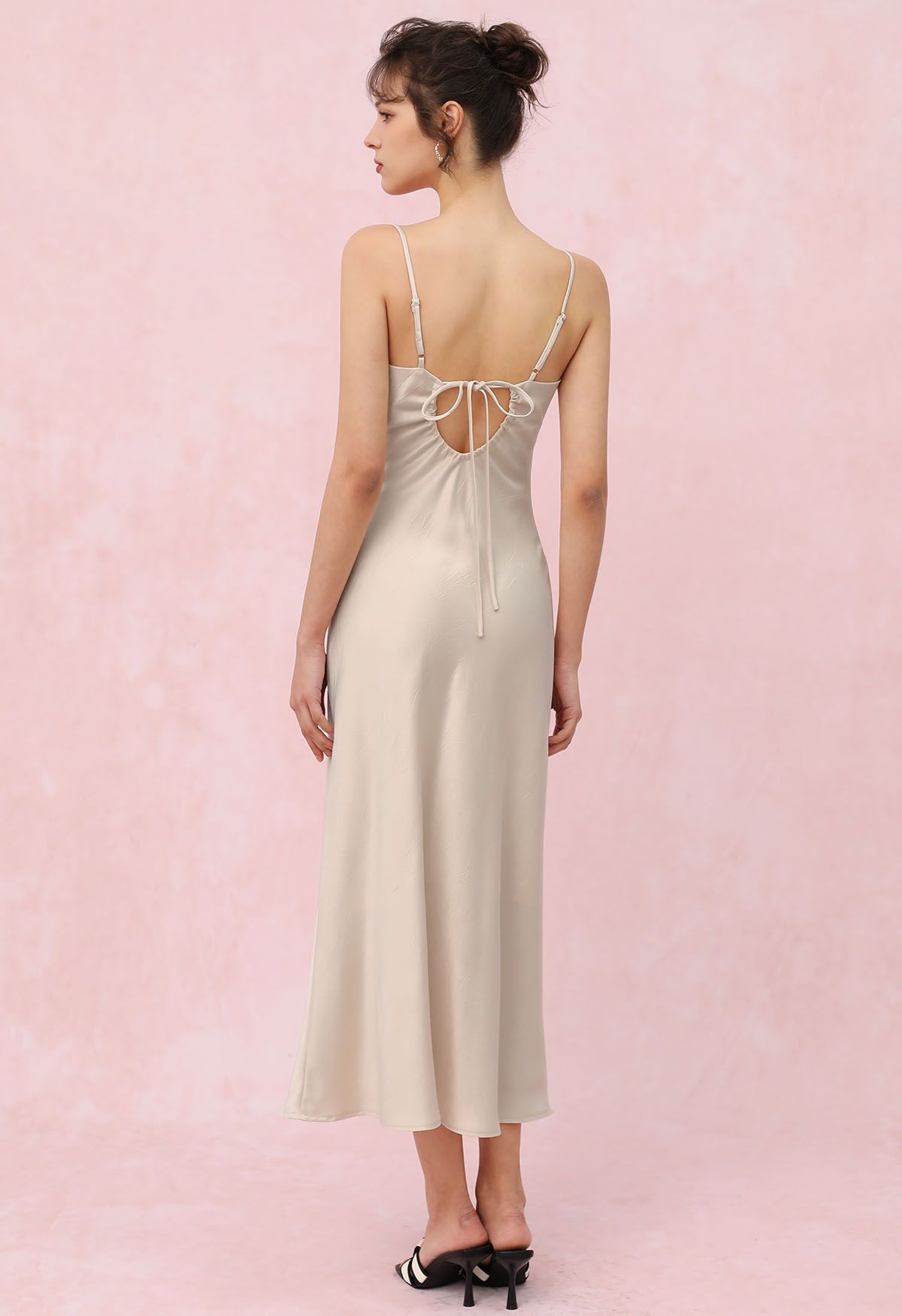 Drawstring Tie Open-Back Satin Cami Dress in Ivory