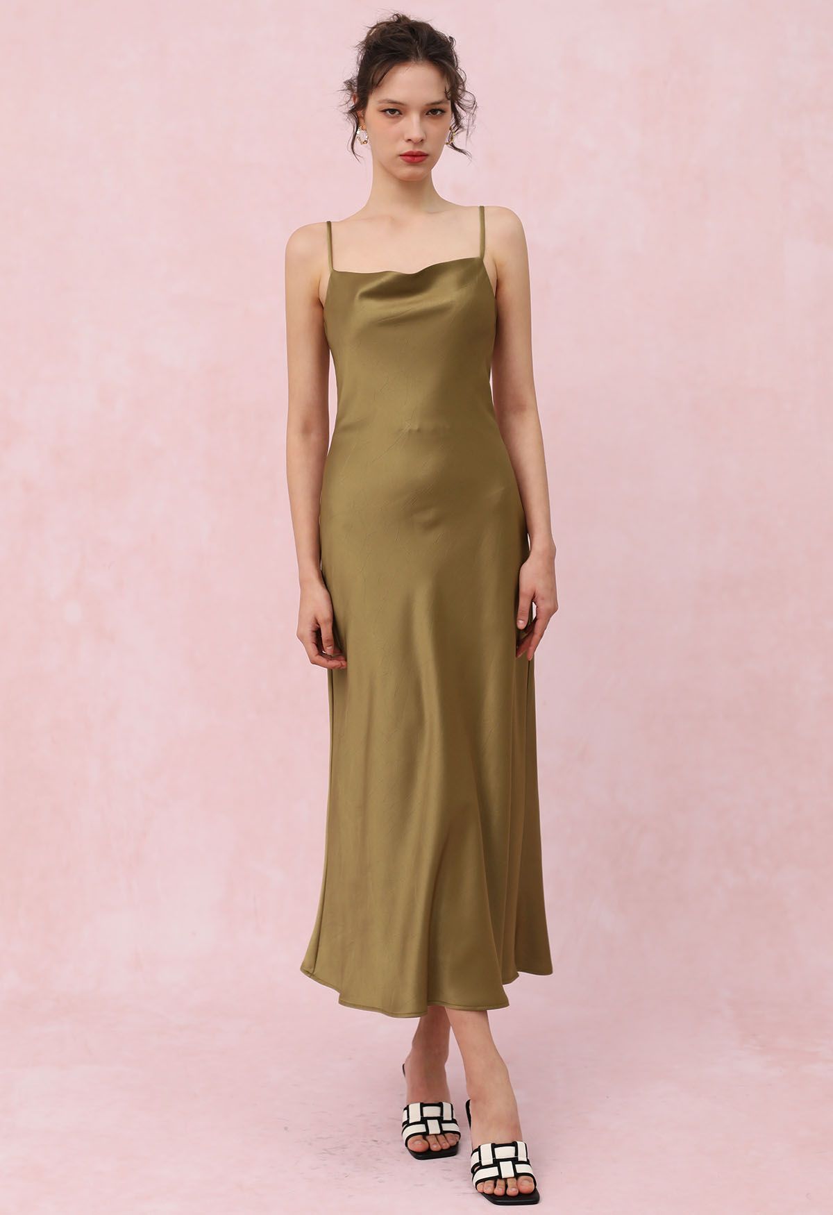 Drawstring Tie Open-Back Satin Cami Dress in Gold