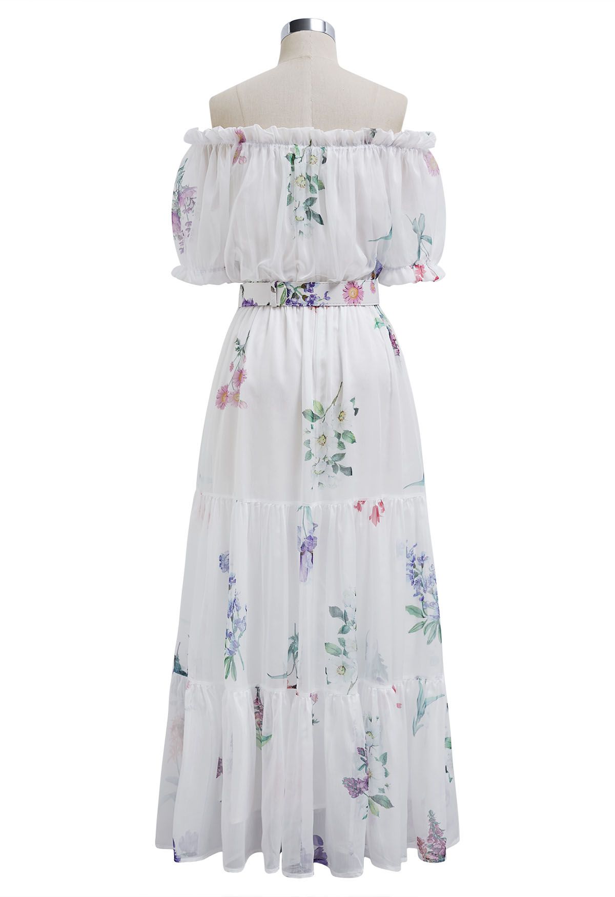 Botanical Printed Off-Shoulder Chiffon Dress