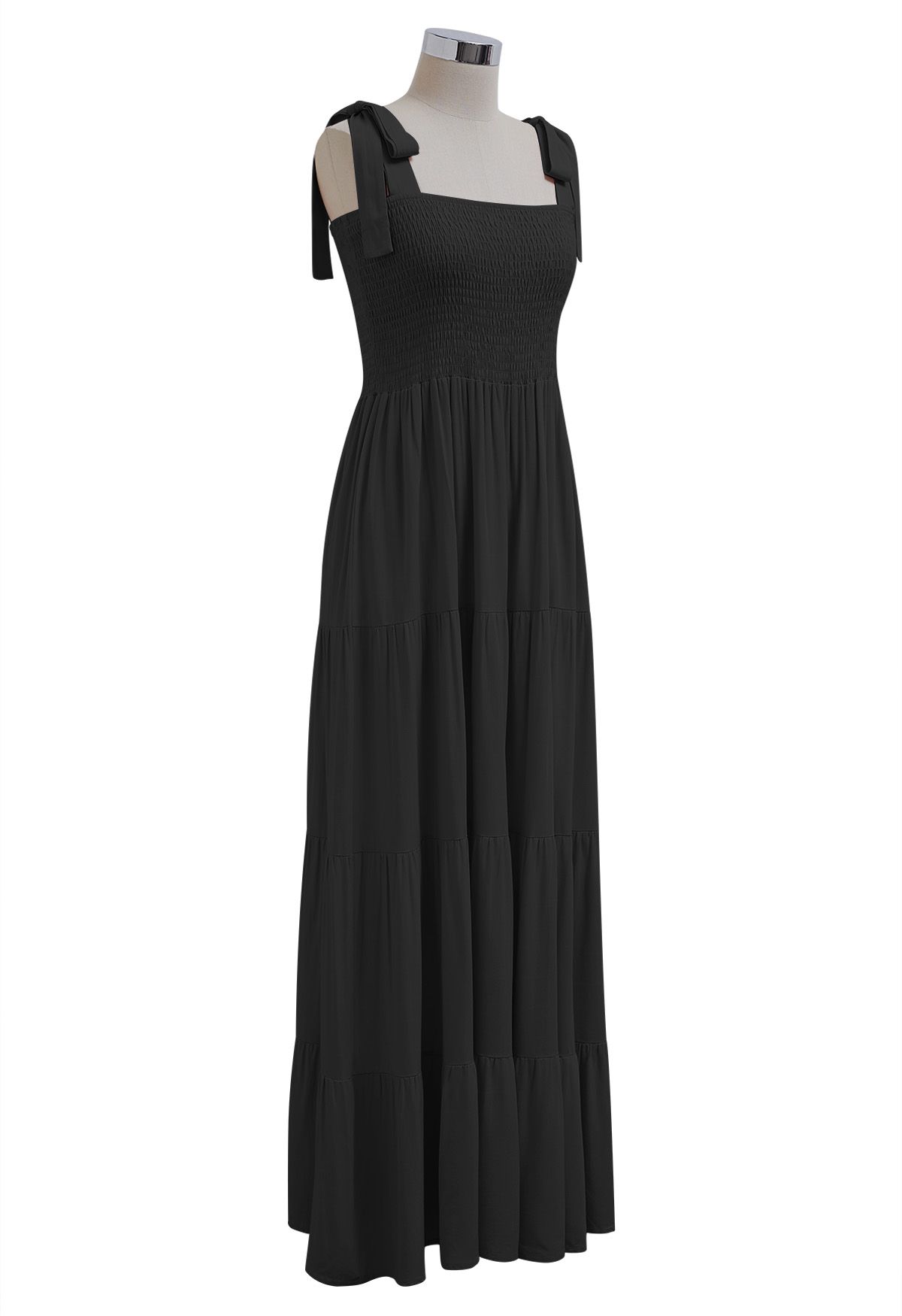 Fluttering Tie-Shoulder Shirred Maxi Dress in Black