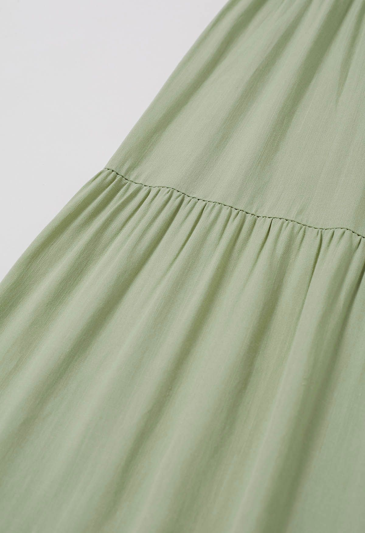 Fluttering Tie-Shoulder Shirred Maxi Dress in Pistachio