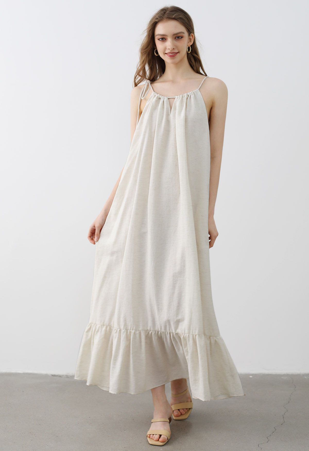 Self-Tie Halter Frill Hem Maxi Dress in Ivory