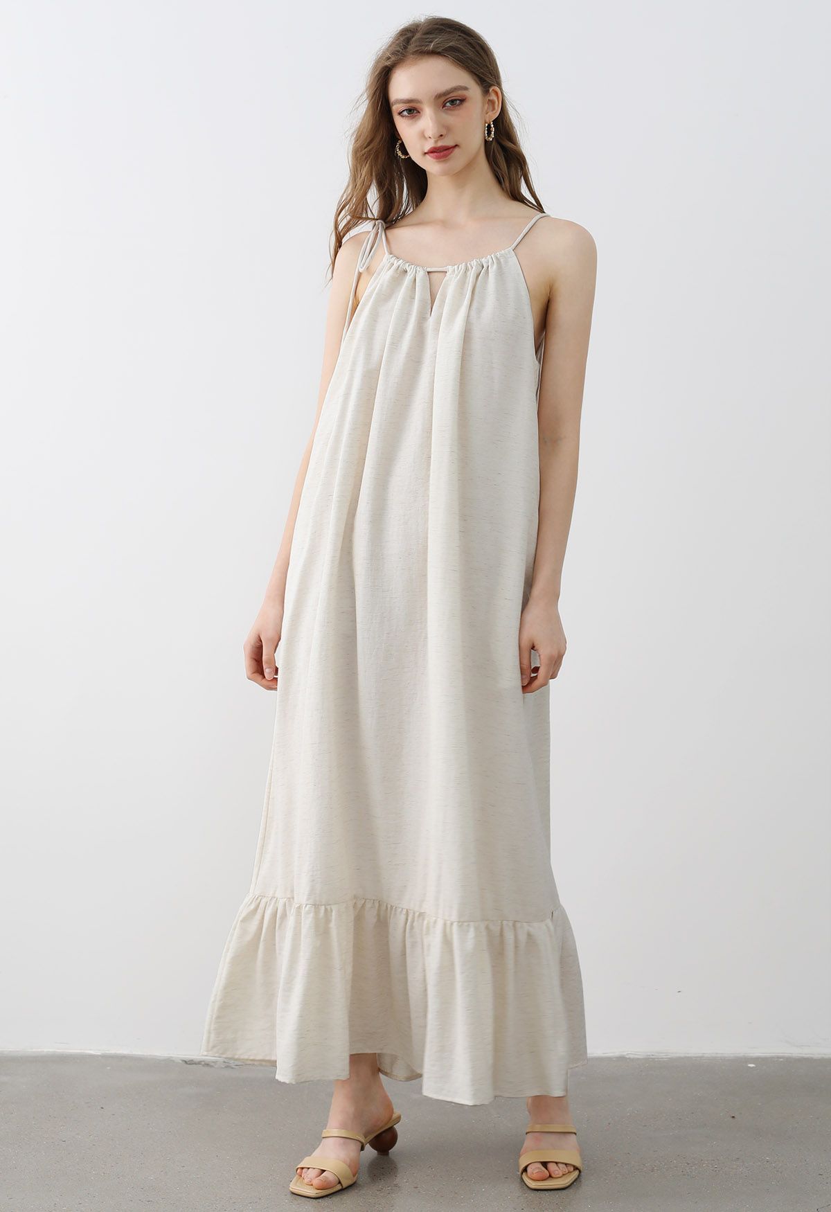 Self-Tie Halter Frill Hem Maxi Dress in Ivory