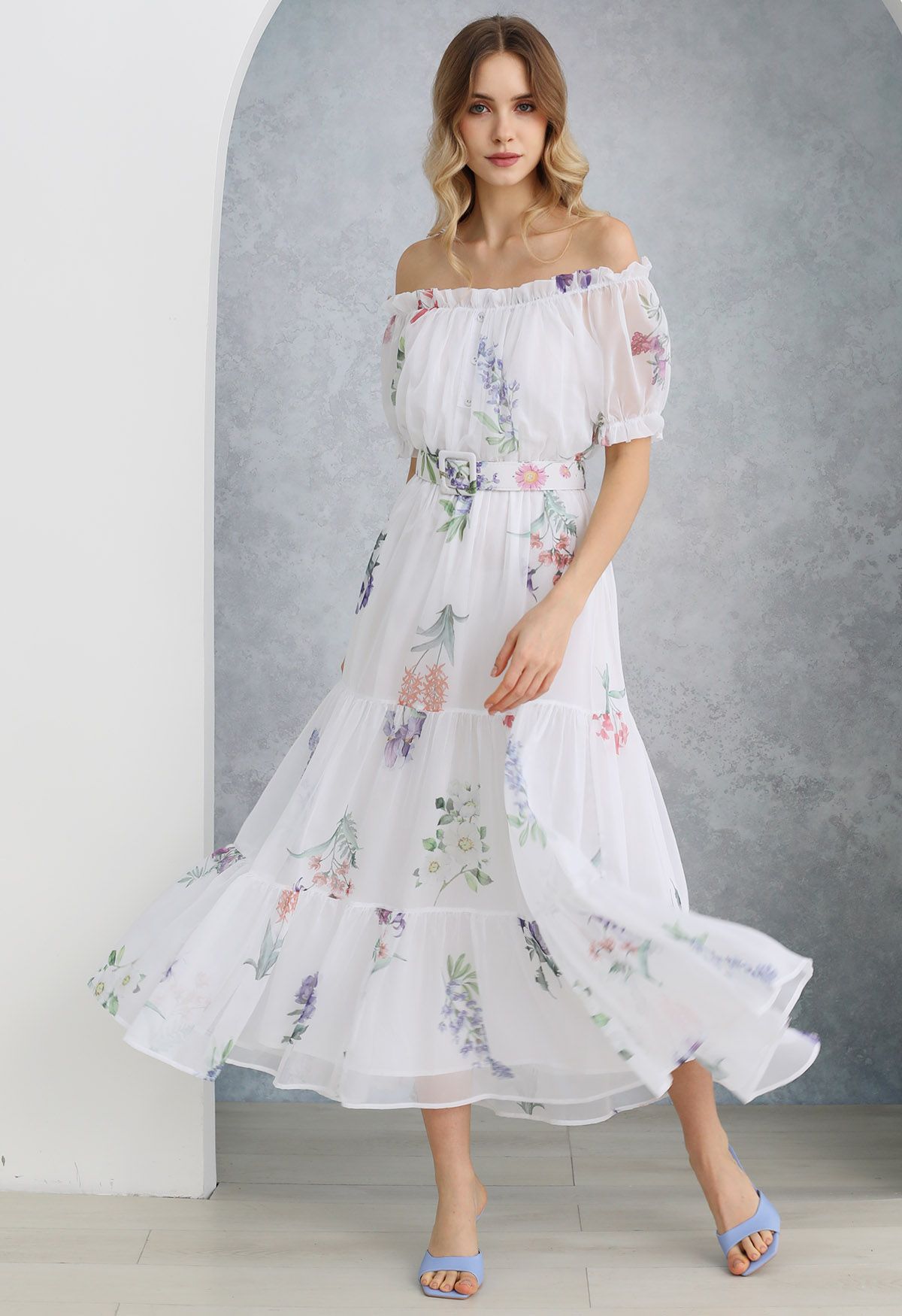 Botanical Printed Off-Shoulder Chiffon Dress