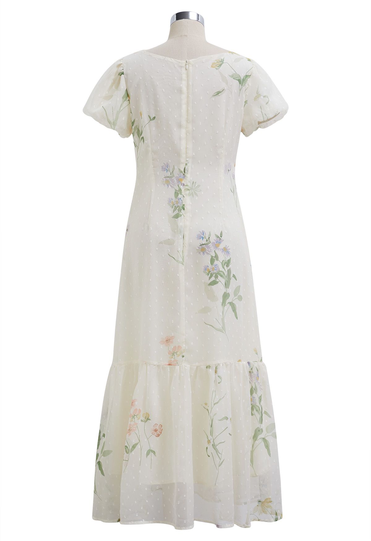 Botanical Printed Flock Dots Chiffon V-Neck Dress