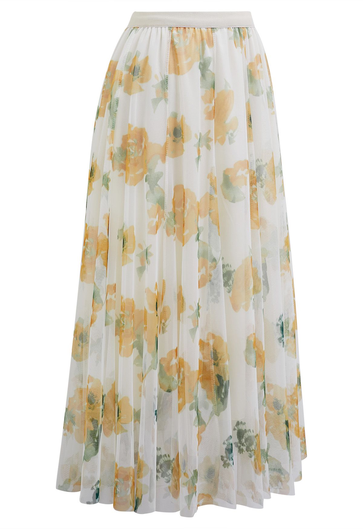 Watercolor Floral Mesh Tulle Midi Skirt in Light Yellow