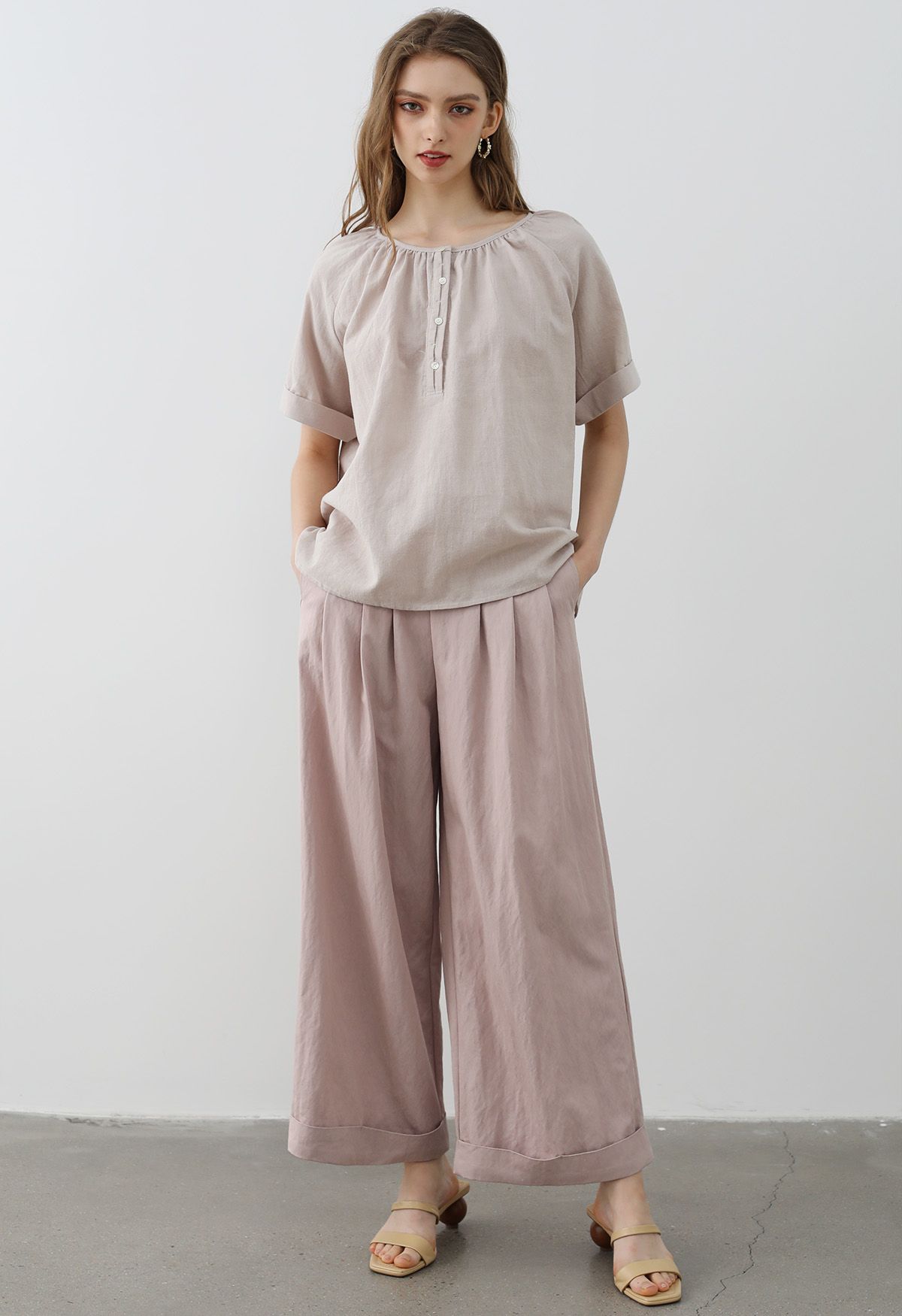 Wide Leg Roll-Hem Pleated Pants in Dusty Pink