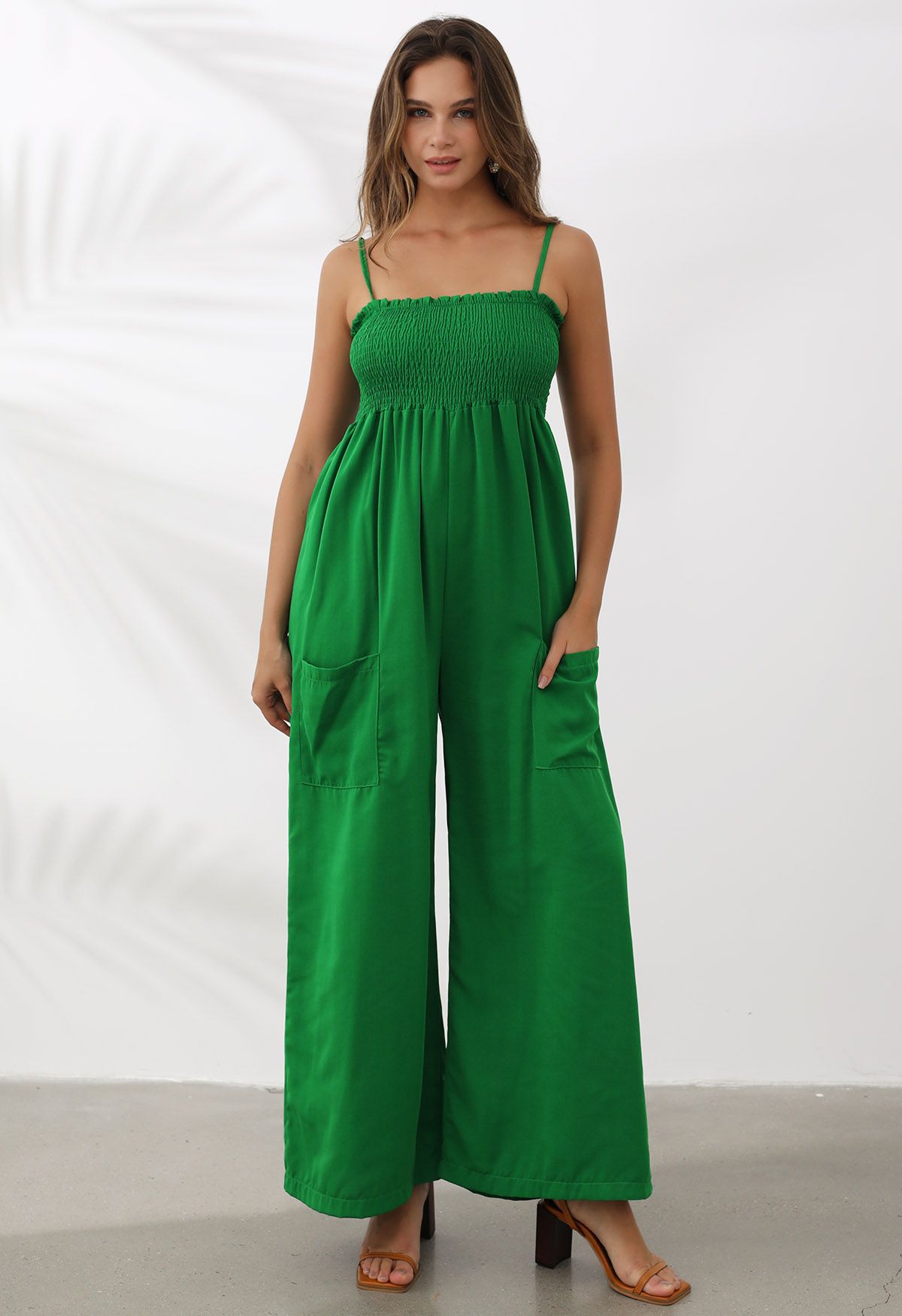 Snazzy Patch Pocket Wide-Leg Cami Jumpsuit in Green