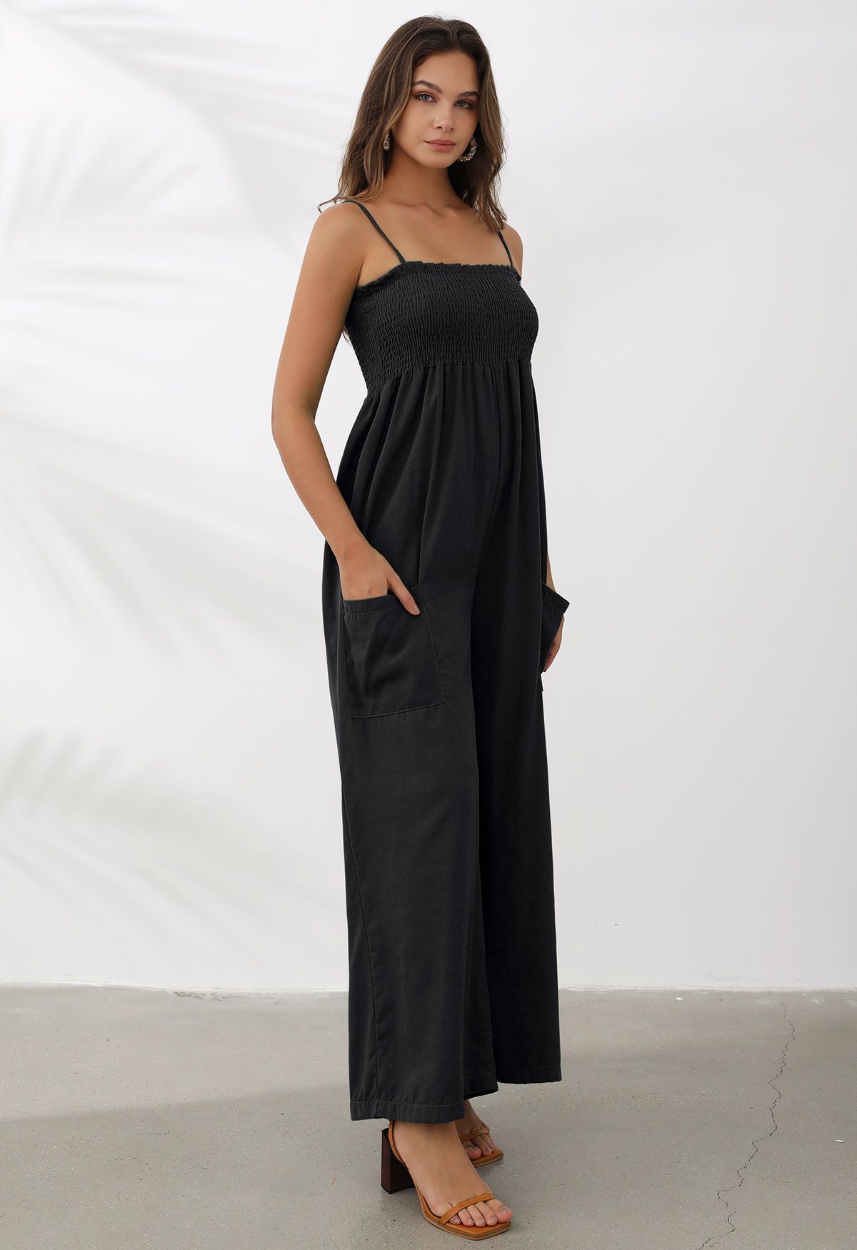 Snazzy Patch Pocket Wide-Leg Cami Jumpsuit in Black