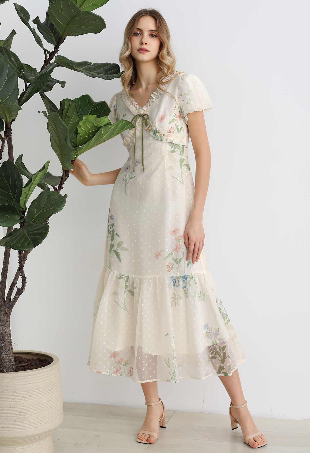 Botanical Printed Flock Dots Chiffon V-Neck Dress