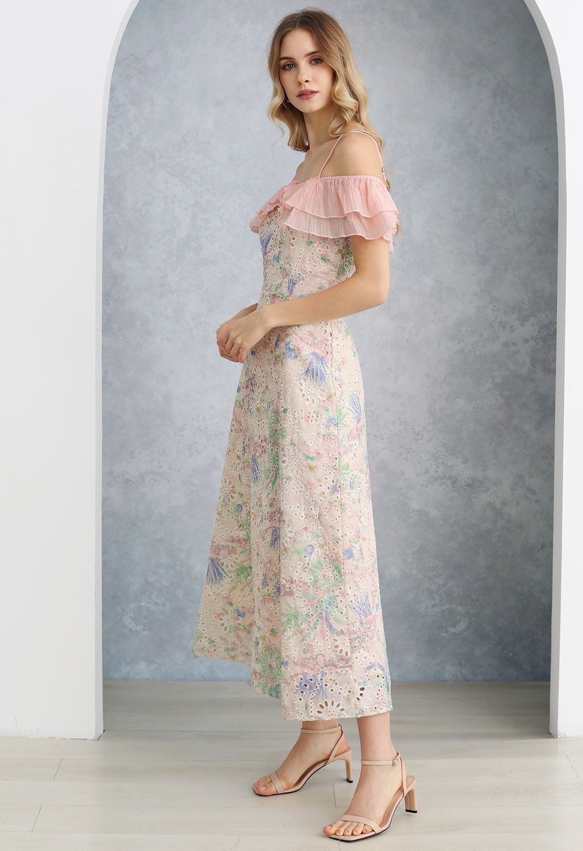 Floral Printed Eyelet Embroidered Flounced Cold-Shoulder Dress