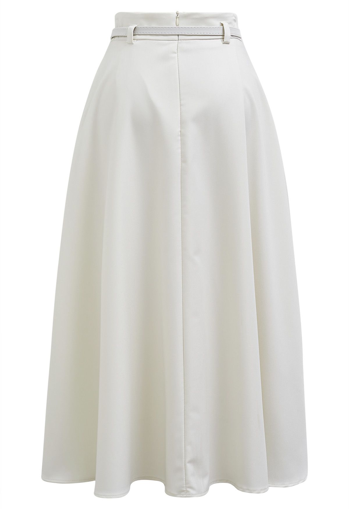 Side Pockets Pleated Belt Midi Skirt in Ivory